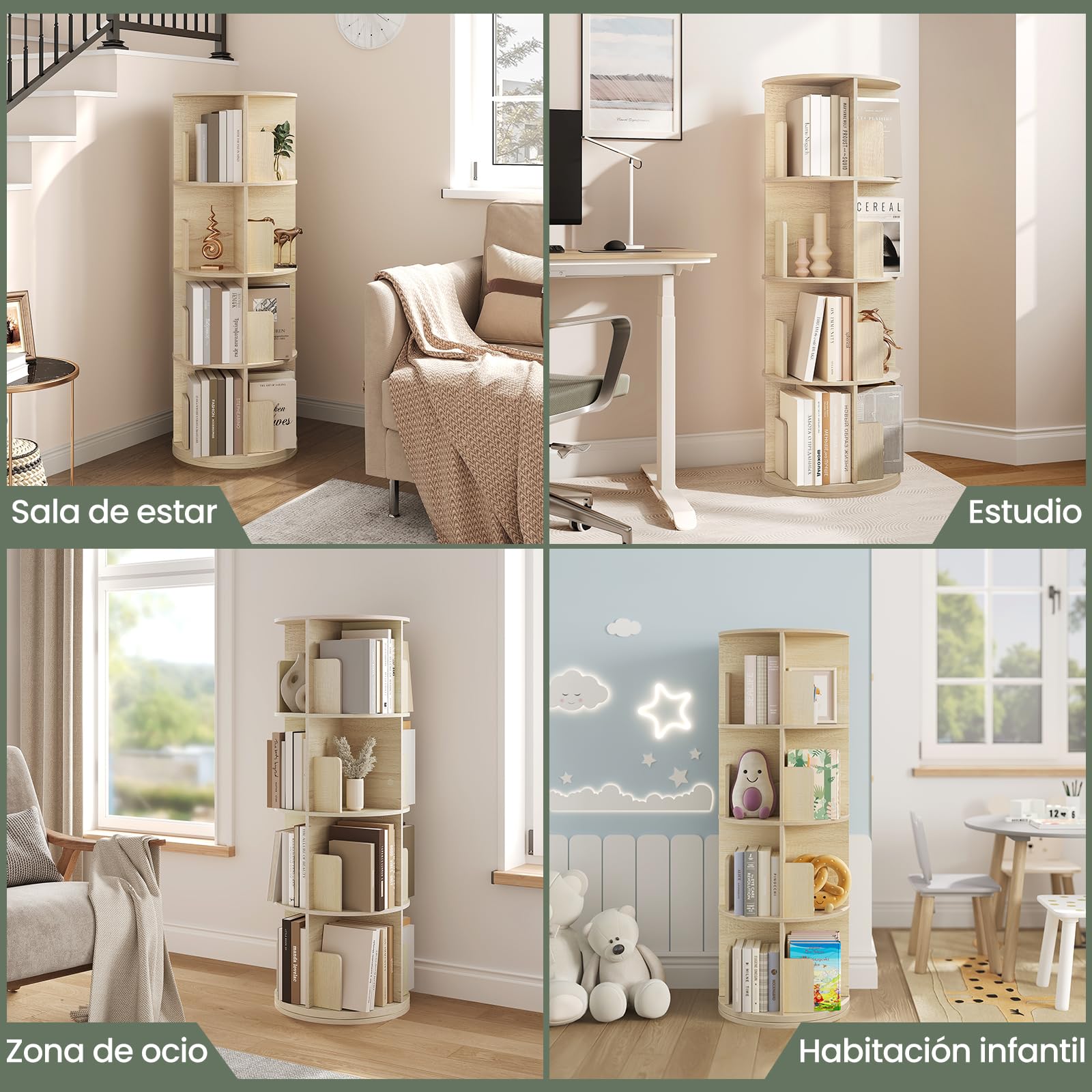 EUGAD Estanteria Giratoria, Libreria de 4 Niveles, Estanteria de Libros de 16 Comportamientos, Estante Almecenaje para Oficina, Salón, Habitación Infantil y Estudio, Roble Claro