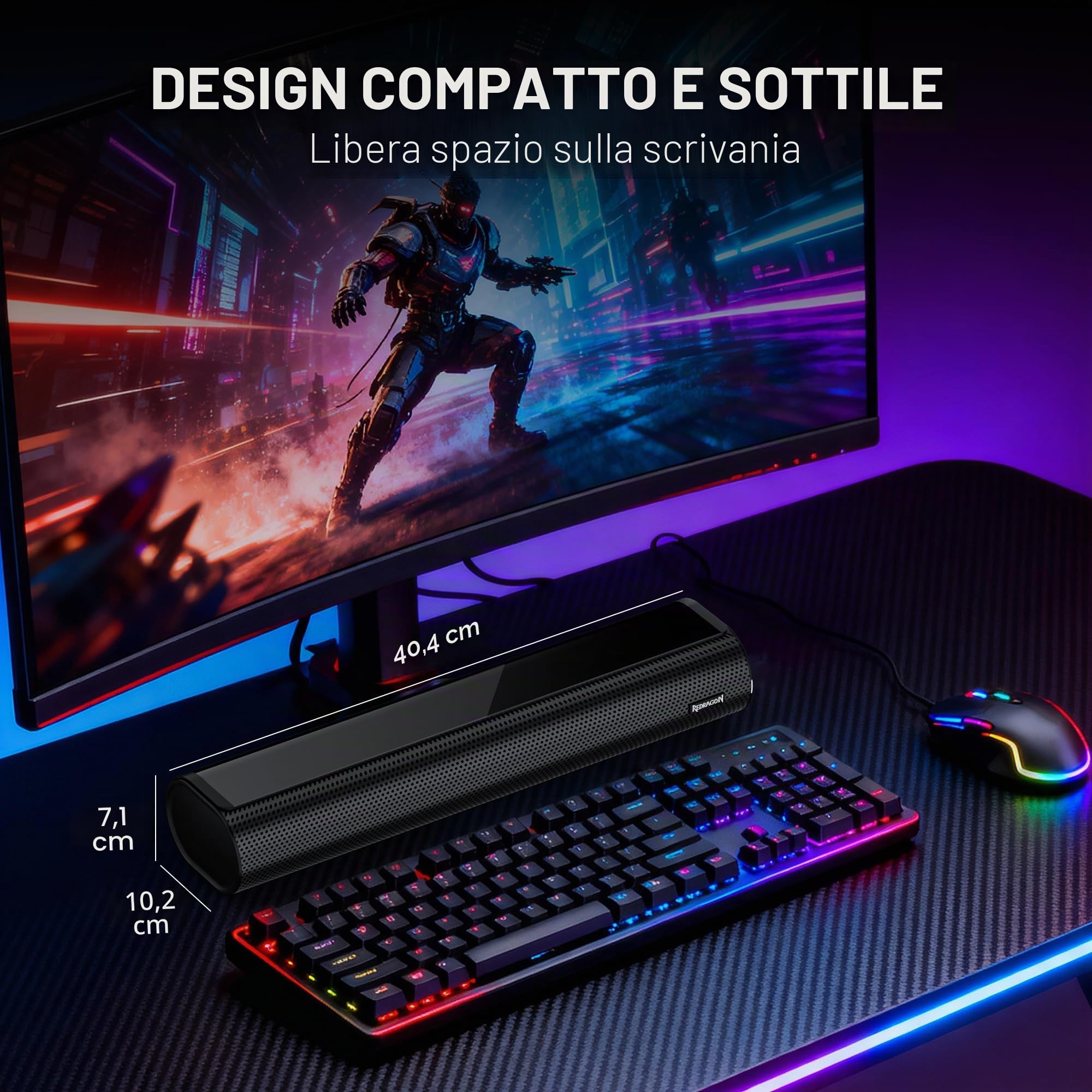 Redragon GS821 Soundbar per Computer, Altoparlante Stereo Hi-Fi per PC con BT 5.3, Connessione Ottica/HDMI ARC/AUX/USB, 3 Modalità EQ, Include Telecomando, Altoparlanti Gaming per PC, Laptop, Tablet