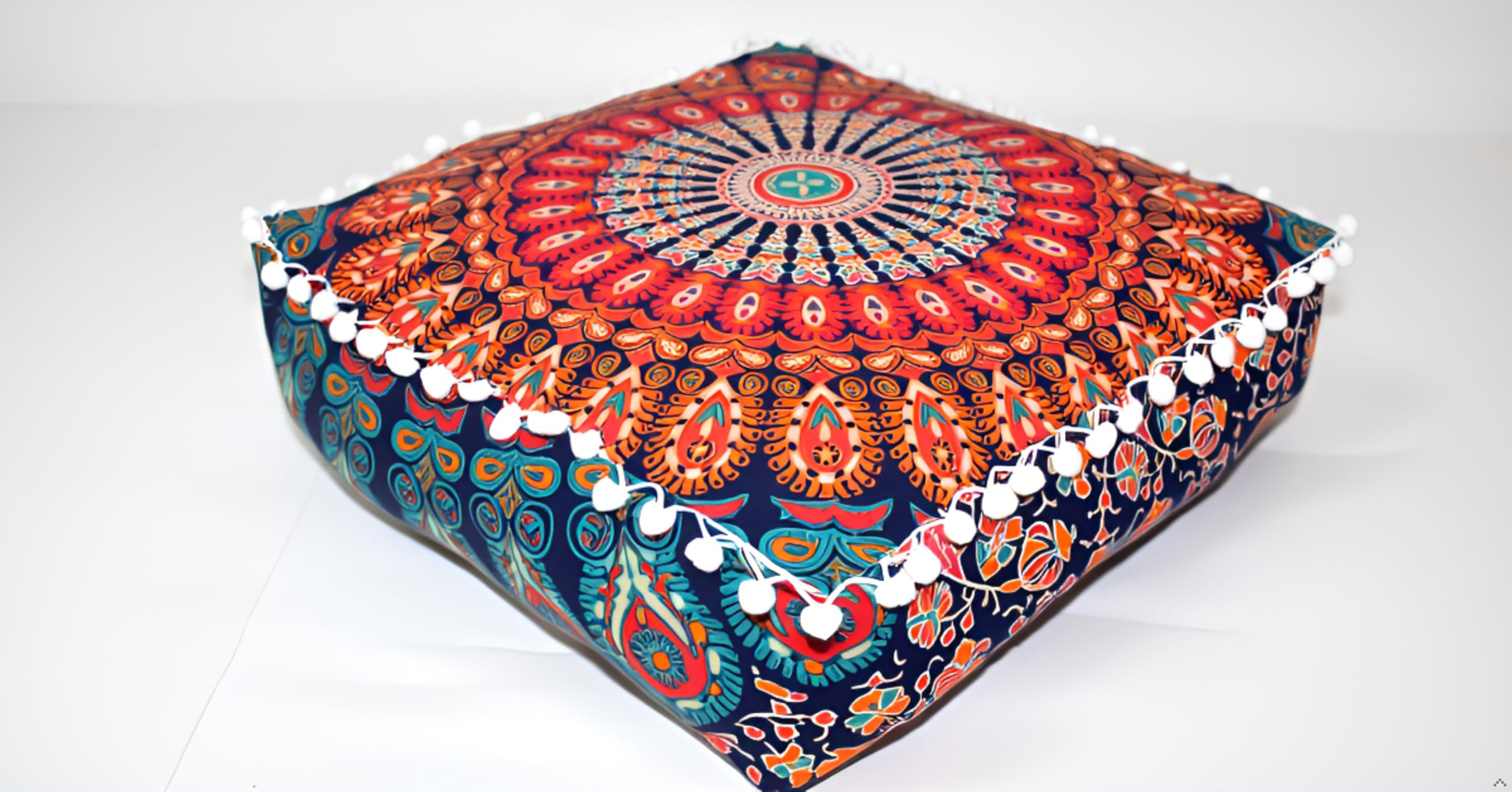 INDIAN CRAFT CASTLE ICC Mandala Barmeri Large Floor Pillow Cover Cushion Meditation Seating Ottoman Throw Cover Hippie Decorative Zipped Bohemian Pouf Ottoman Cases Orange Peacock 24" Square-image-36