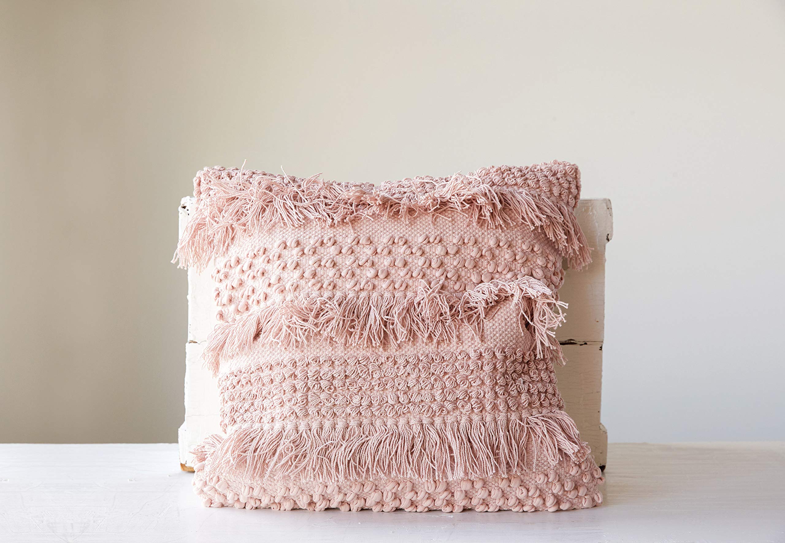 Creative Co-Op Square Pink Pillow with Fringe and Multiple Designs with Varied Textures