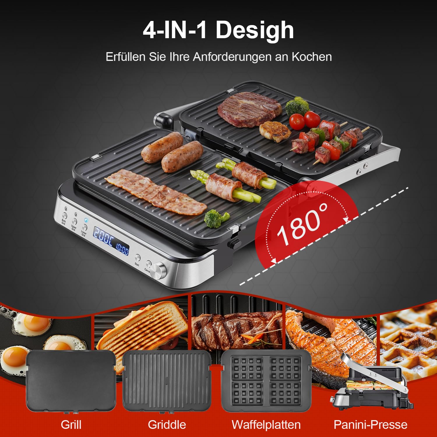 AMZCHEF Kontaktgrill XXL 2000W 4-in-1 Multifunktionsgrill mit Wechselplatten, Panini Grill, Waffeleisen & Sandwichmaker, 80–230°C, Timer, 180° Tischgrill, Antihaft