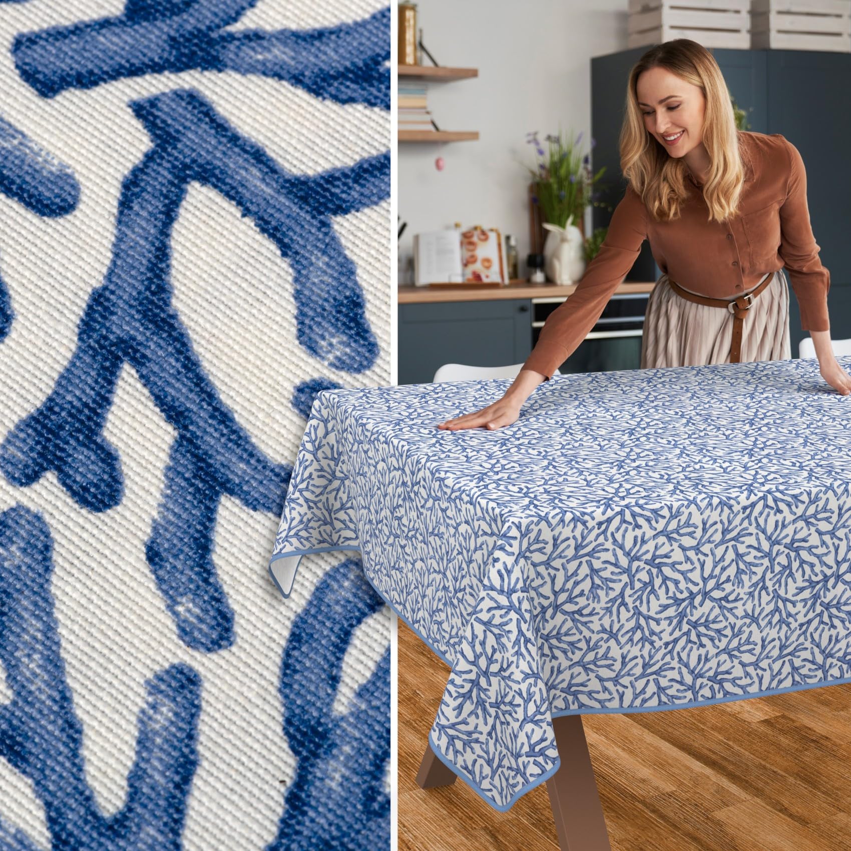 ANRO Tischdecke abwaschbar Koralle Blau mit Saum 220x140 cm In-/Outdoor