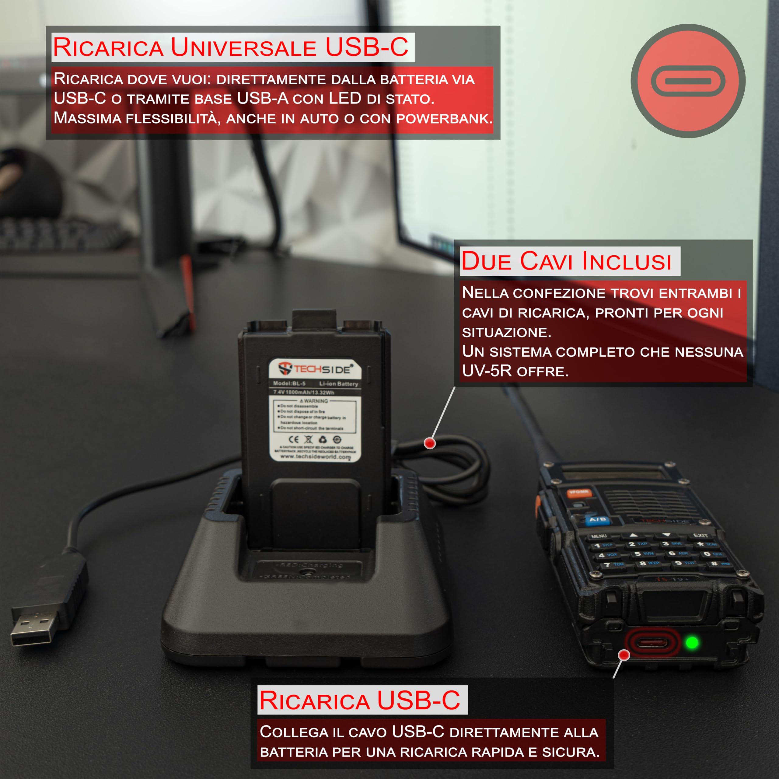 TechSide Walkie Talkie 8W | TS-T9+ Radio Ricetrasmittente Dual Band VHF UHF Tri-Power | Firmware Italiano | Batteria 1800mAh con Ricarica USB-C | 128 Canali, PMR446 VOX | Qualità e Assistenza Italiana