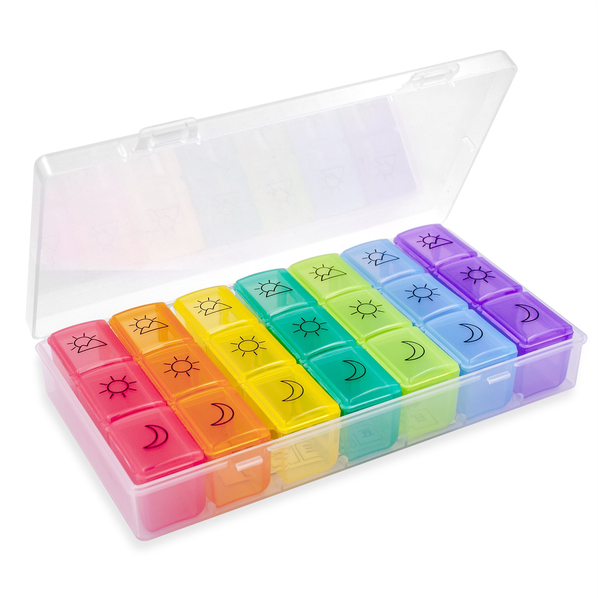 SHD Weekly Pill Organizer 7 Day (3 Times A Day) Case Large Compartments Medication Box for Vitamins Supplements Prescription Travel Pill Container - Rainbow