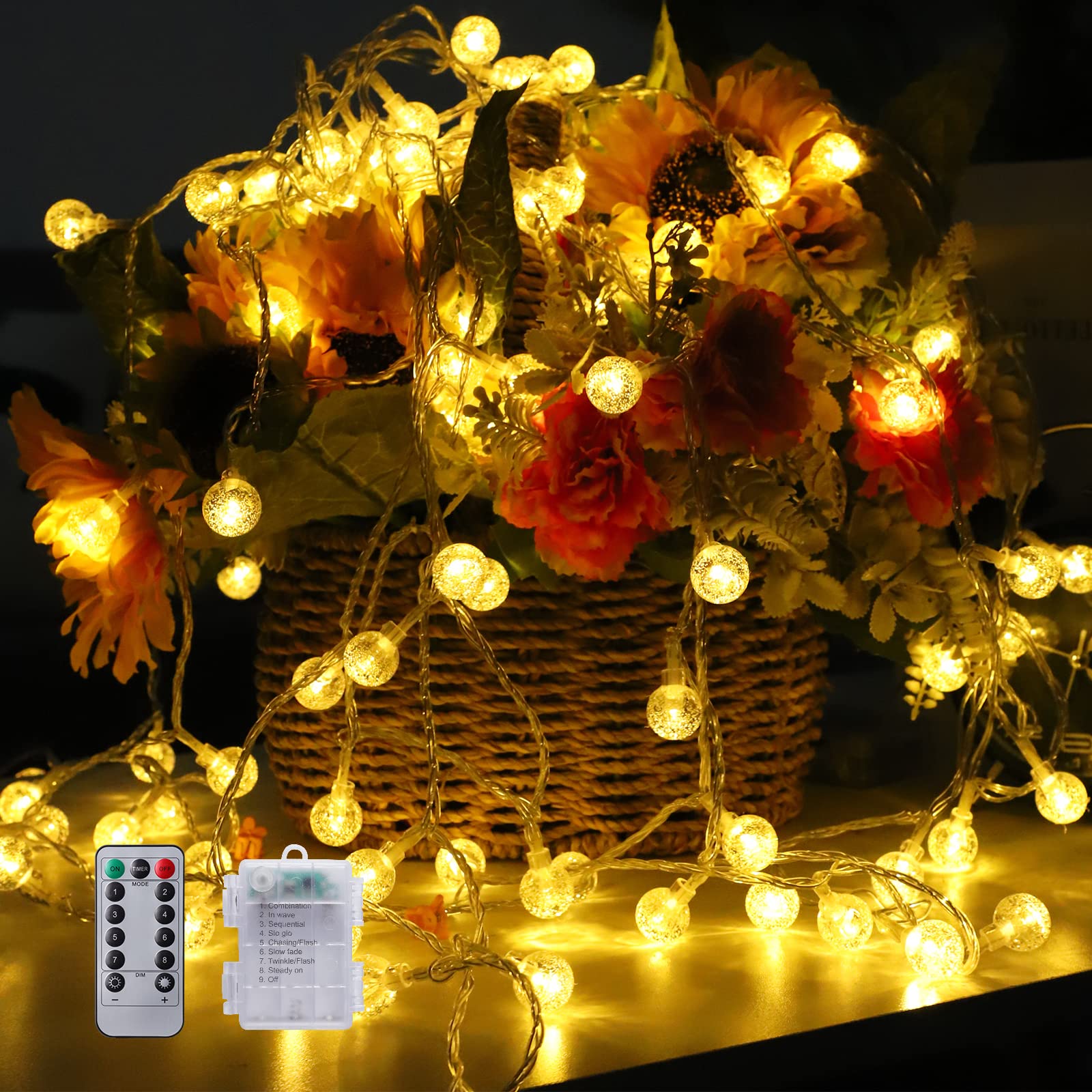33ft 100LED Mini Globe String Lights, Battery Operated Fairy String Lights with Remote Waterproof Indoor/Outdoor Patio Lights for Garden, Party, Christmas, Wedding, Warm White [Energy Class A+++]