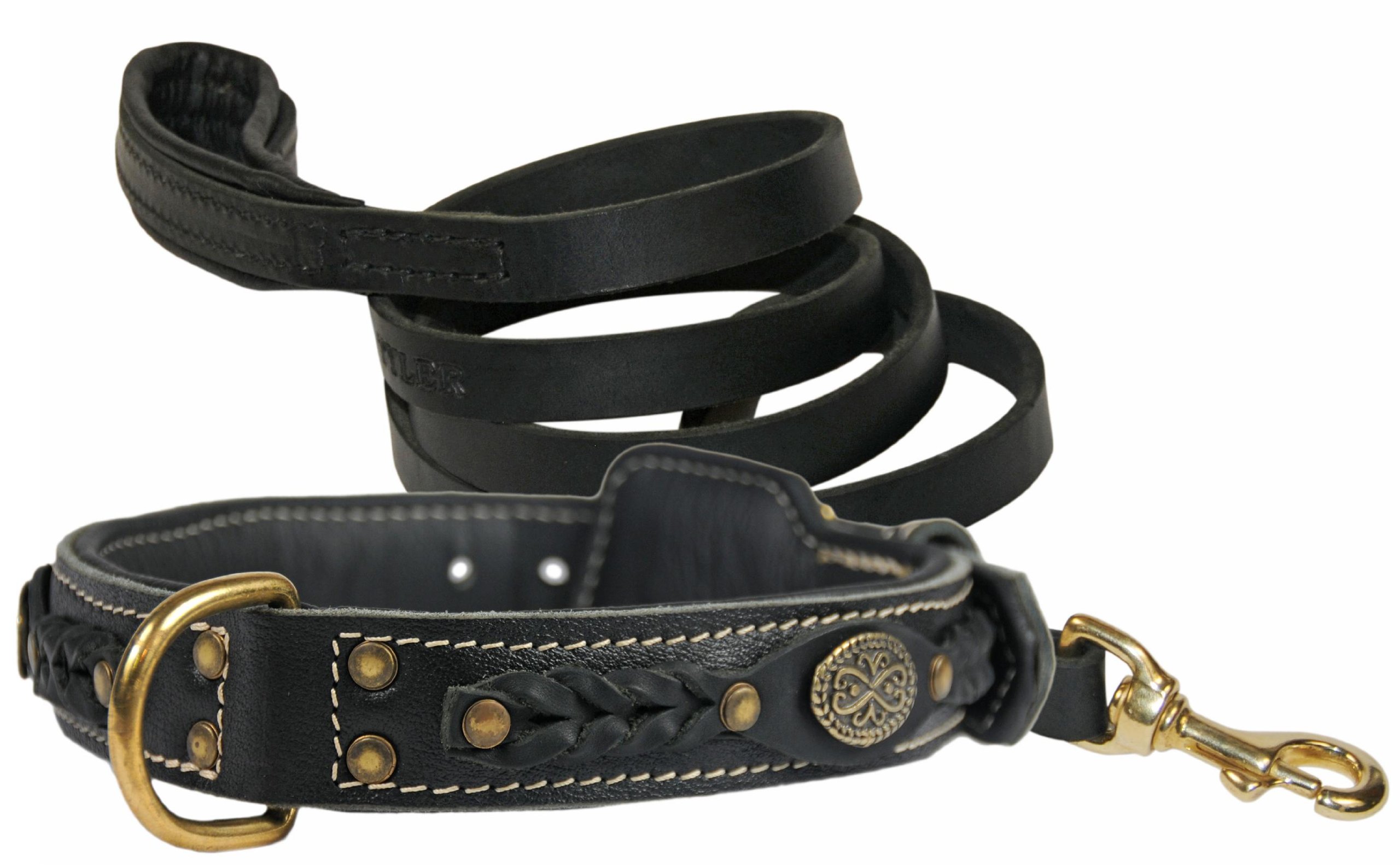 Collier en cuir rembourré One Legend noir avec sa laisse Soft Touch en laiton