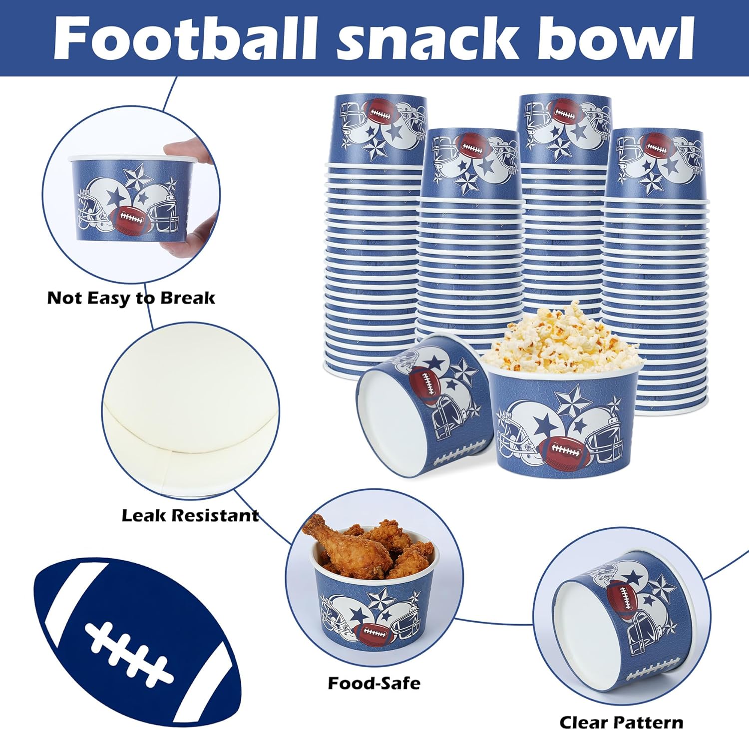 Cowboy Football Party Decorations - 50 Pcs Blue Sports Paper Ice Cream Bowls Snack Dessert Cups Disposable Helmet Game Day Happy Birthday Decor Supplies for Boys Men American Rugby Fans 9oz