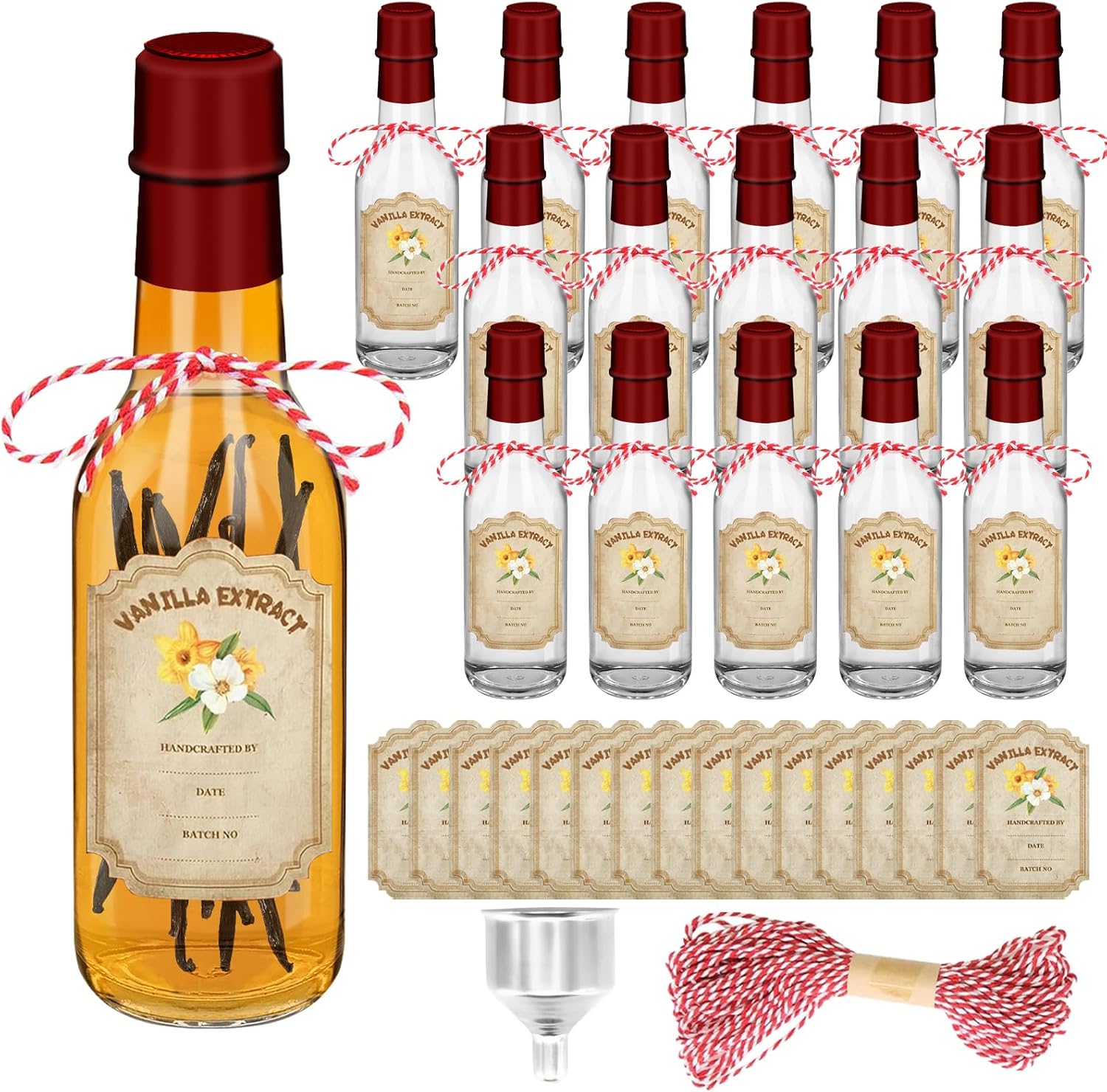 16 Pack Glass Vanilla Extract Bottles 5 oz with Lids, Vanilla Extract Labels, Shrink Band and Funnel, Glass Jar Vanilla Bottles for Syrup, Jars for Vanilla Extract, Glass Bottles for Vanilla Extract