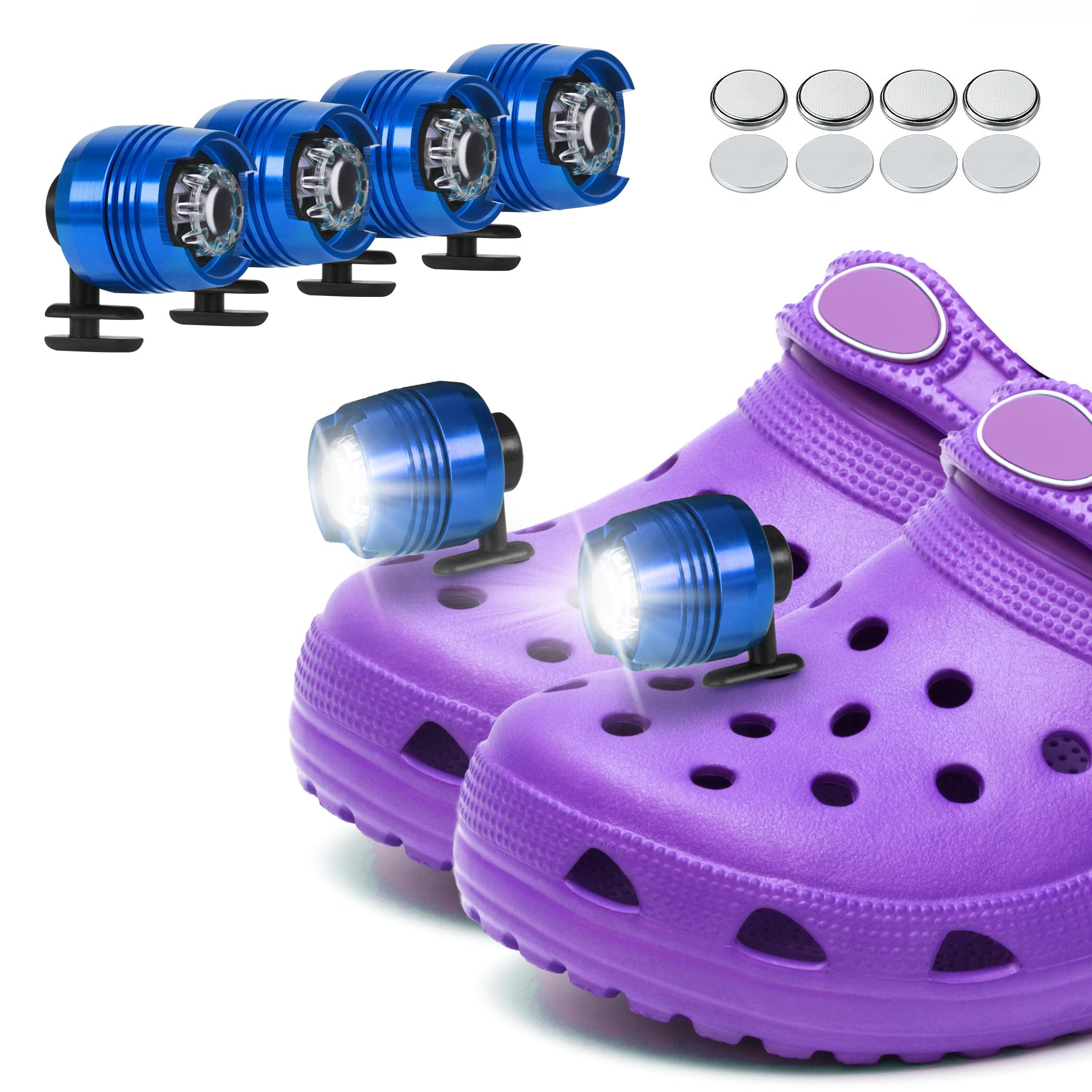 Vagocom 4Pcs Headlights for Croc Shoes LED Torch Light Charms Accessories for Adults and Kids 3 Modes Small Flashlight Headlamp Attachment for Hiking,Camping,Dog Walking(Blue)