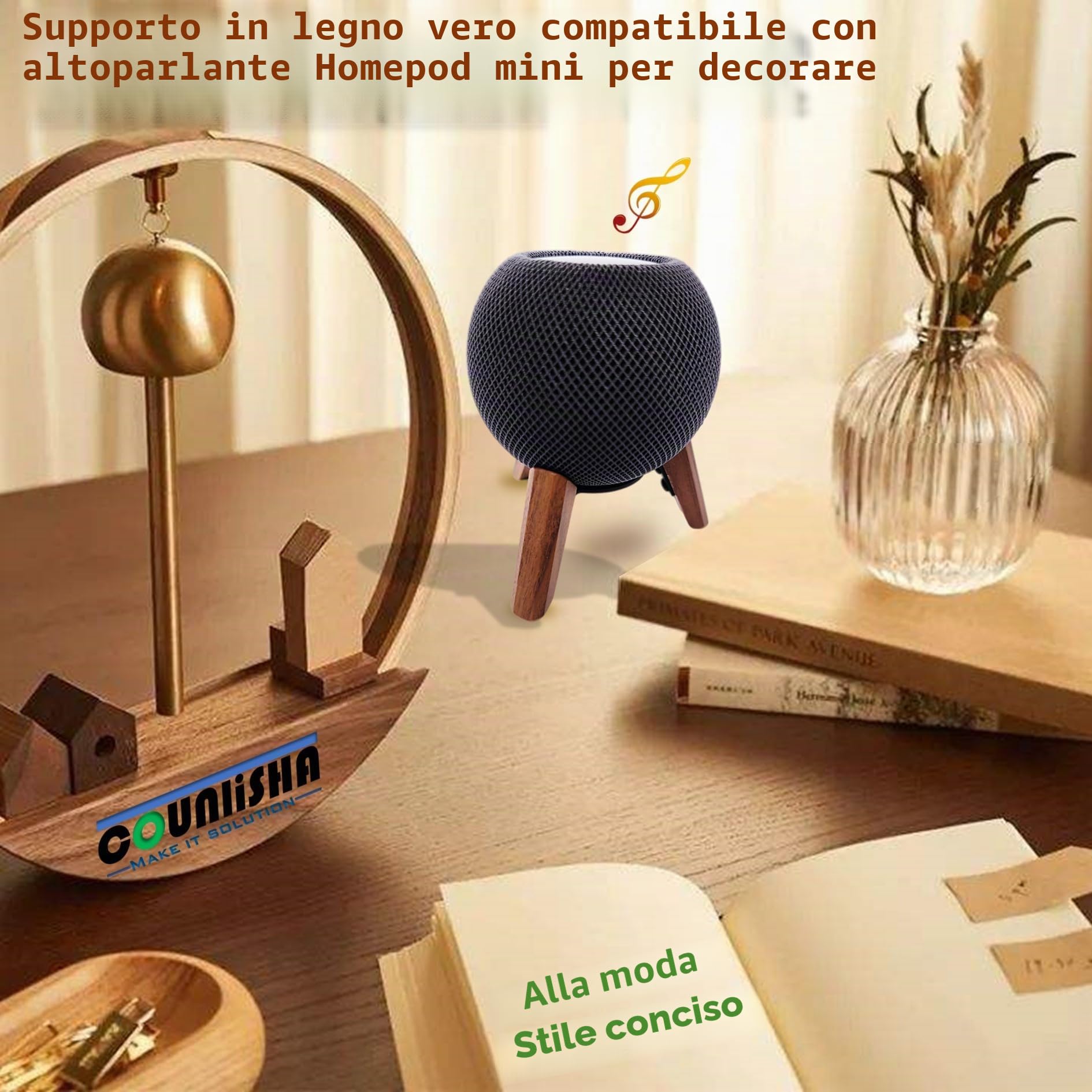 Supporto in vero legno per Homepod Mini (2020 rilasciato), treppiede in legno con telaio in metallo, supporto stabile sicuro con cuscinetto in silicone antiscivolo protegge bene il mini altoparlante