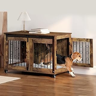 EUGAD Hundebox für Zuhause, Hundekäfig mit 2 Türen 5 Rädern, Hundegitter für große mittlere kleine Hunde, Hundehaus 100x65x56 cm, Beistelltisch, aus Metall Holzwerkstoff, Vintagebraun, 0353GL product image