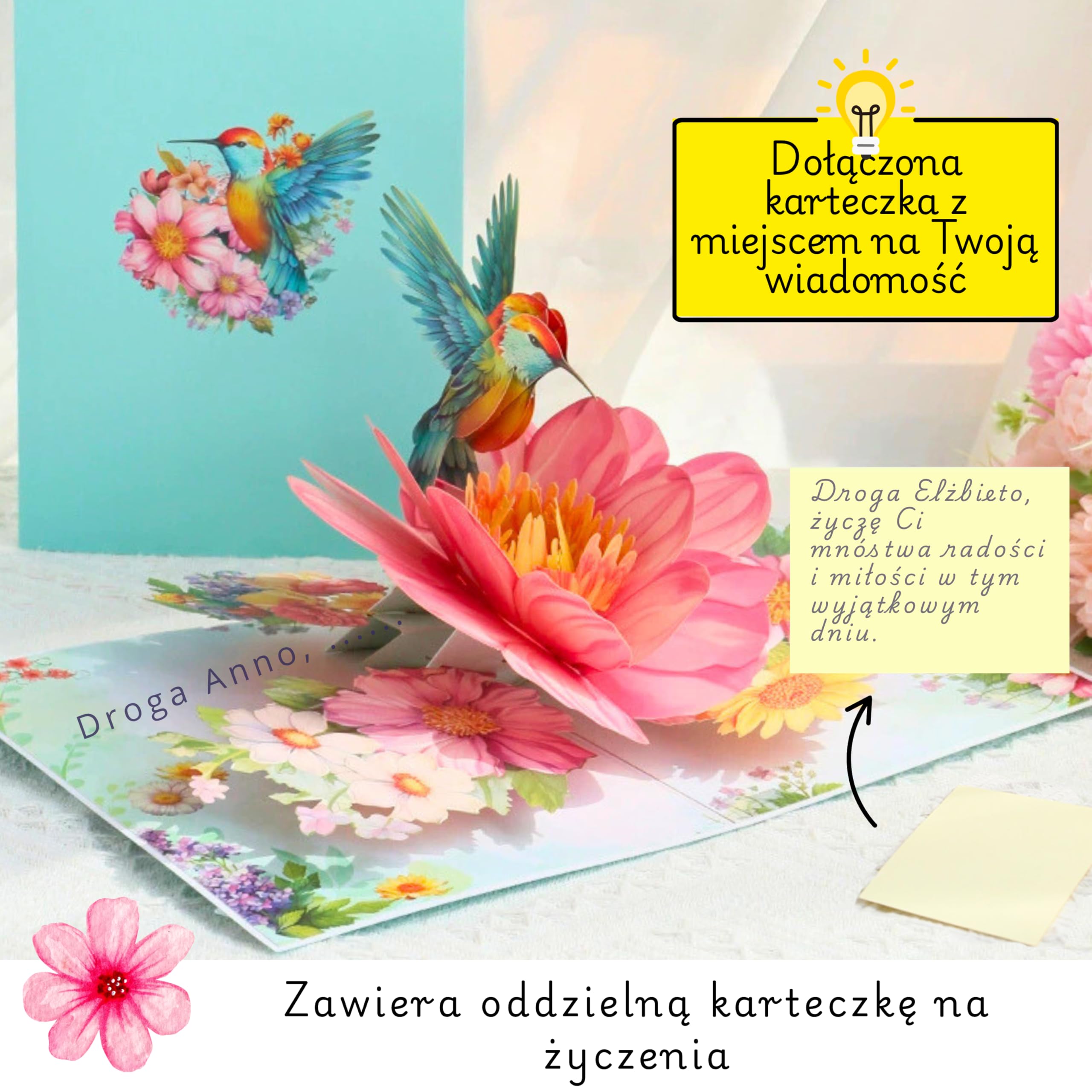 Kartka pop-up 3D z koliber i kwiaty – przepiękna kartka urodzinowa dla kobiet, kartka pop up na Dzień Matki, podziękowanie i życzenia, w zestawie koperta