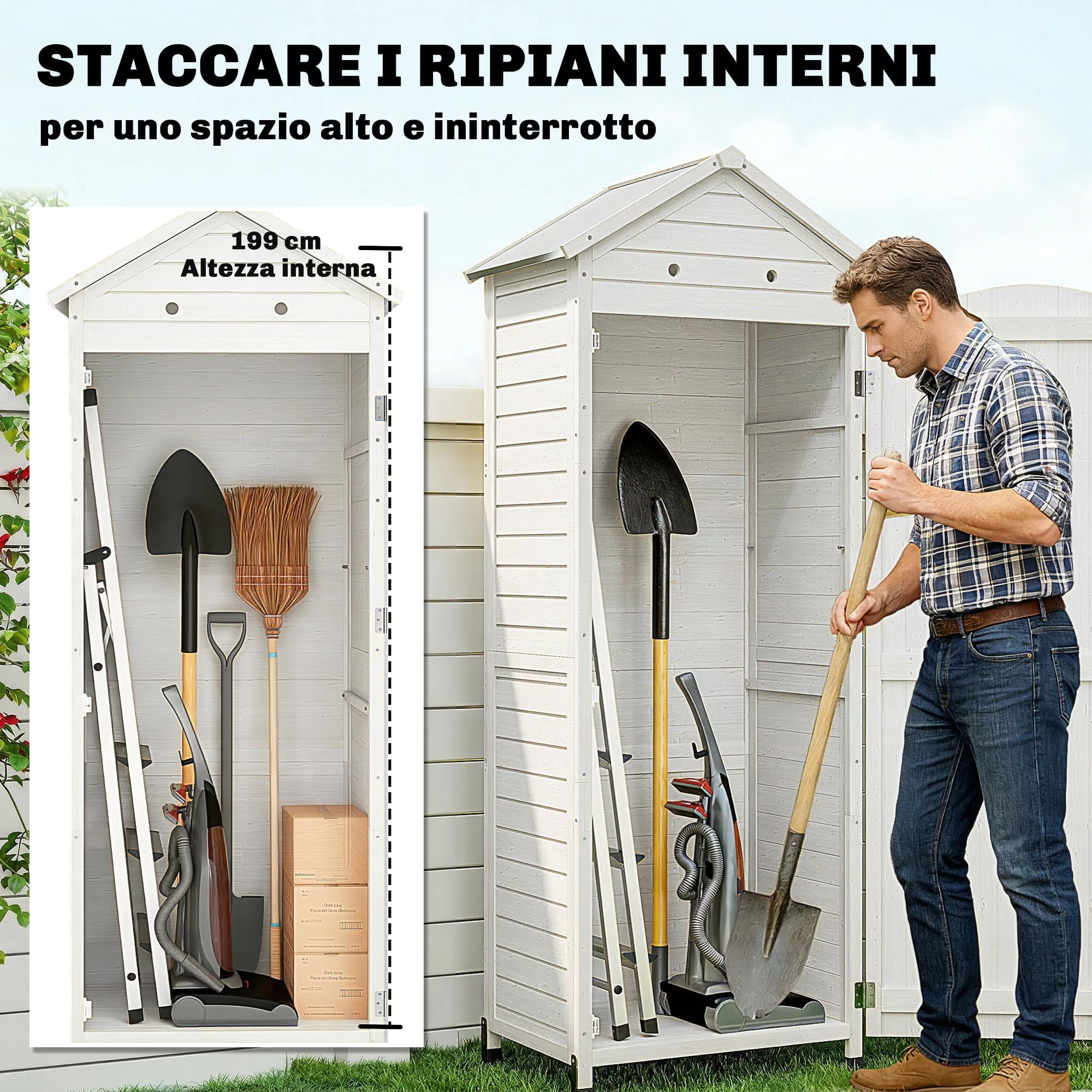 Outsunny Armadio da Giardino in Legno Alto, Casetta Porta Attrezzi da Esterno con Tetto Inclinato Zincato, Ripiani Regolabili, Prese d'Aria, Kit Antiribaltamento, 85x58x213cm, Finitura Goffrata Bianco