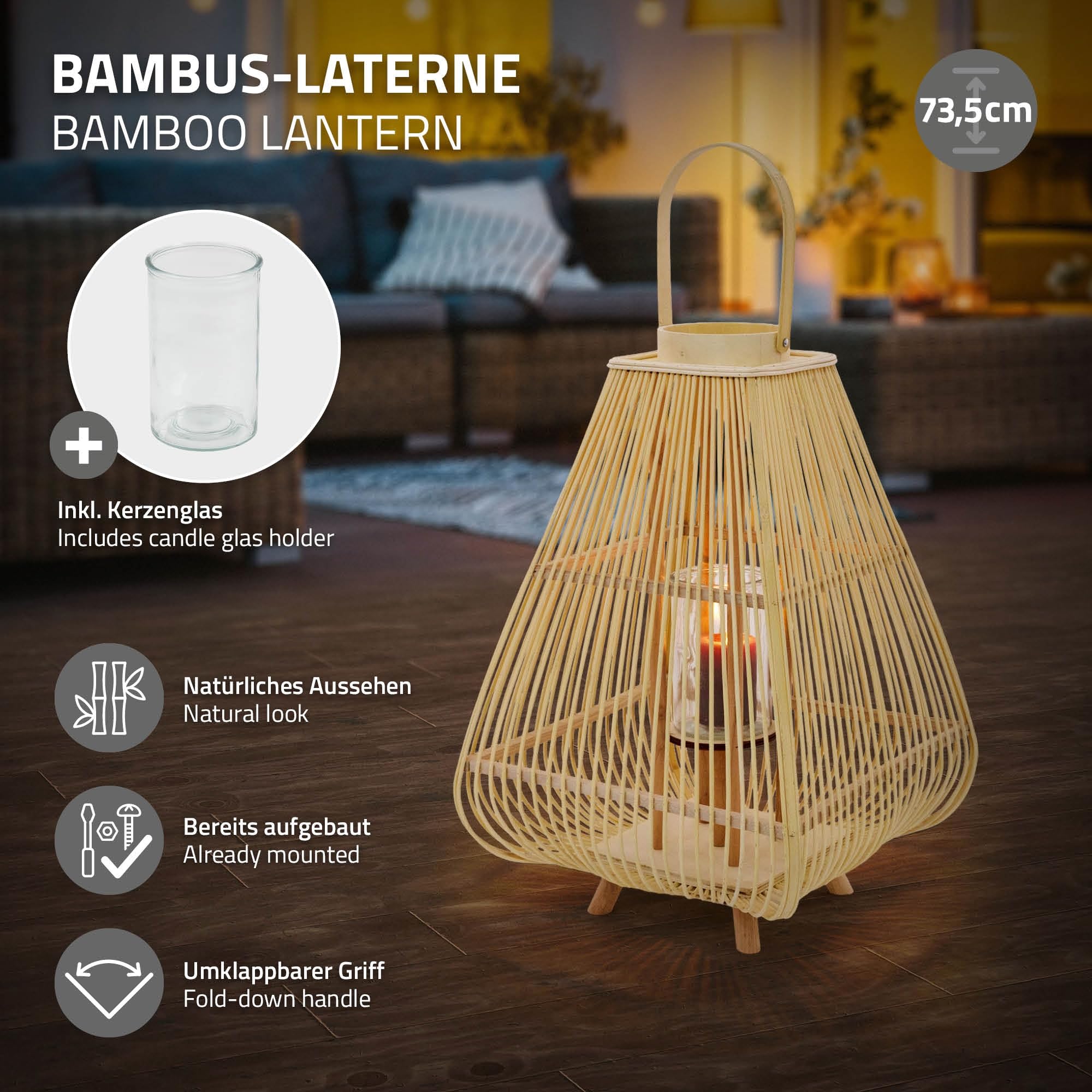 ECD Germany Latarnia Bambusowa Ogrodowa 73,5 cm Lampion Dekoracyjny Boho z Uchwytem i Szklanym Wkladem Swiecznik na Taras Balkon do Ogrodu i Salonu do Wnetrz na Zewnatrz Kolor Naturalny Styl Pleciony