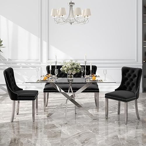 Miniatura 61 de Juego de comedor de cristal de lujo plateado de 5 piezas, juego de mesa de cocina minimalista moderno para 4 personas, juego de comedor con negro +