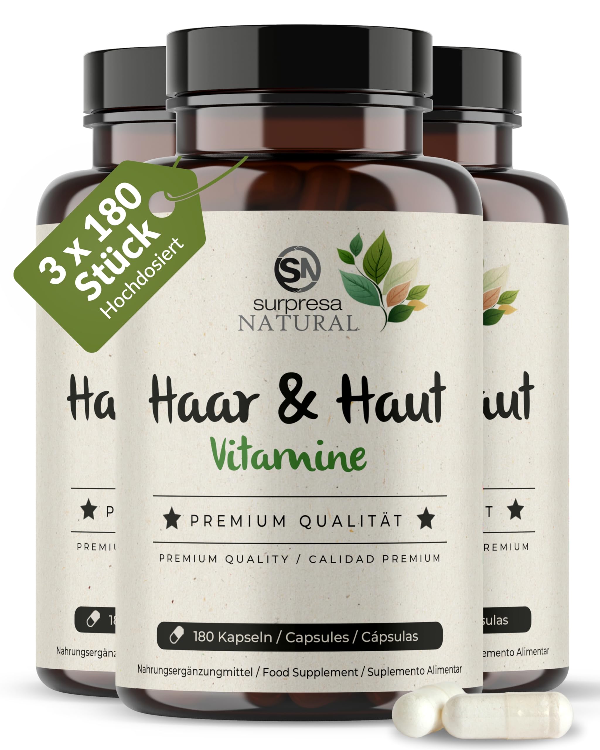 Haut & Haar Kapseln hochdosiert I 3x 180 Kapseln I 200mg Brennessel-Extrakt & Hirsesamen pro Kapsel I Haut & Haar Vitamine I Nahrungsergänzungsmittel vegan & laborgeprüft