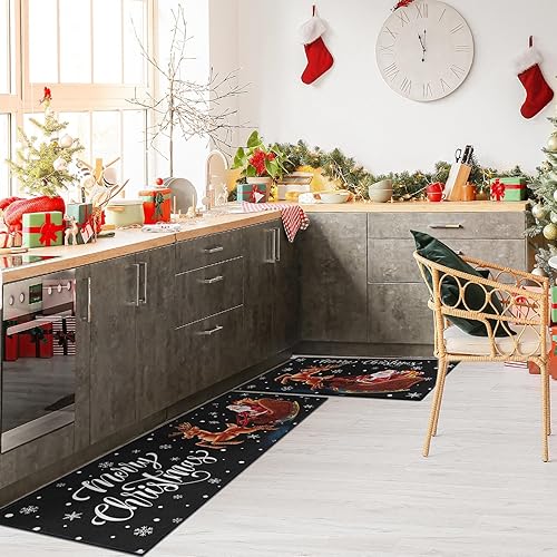 Miniatura 4 de Juego de 2 alfombras y tapetes de cocina de Navidad, antideslizantes, lavables, copos de nieve, renos de Papá Noel, tapete de cocina negro de