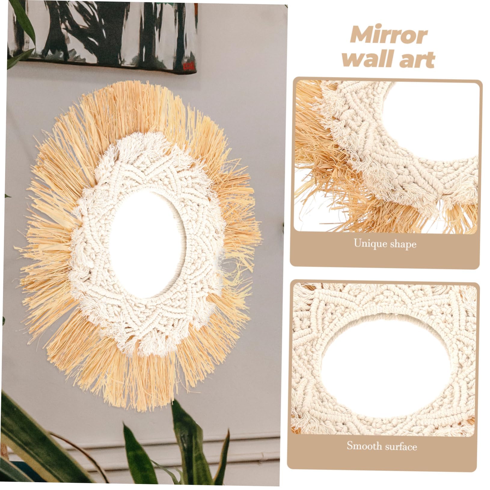 OUNONA Runder Hängespiegel im Boho Stil mit Raffia und Baumwollseil