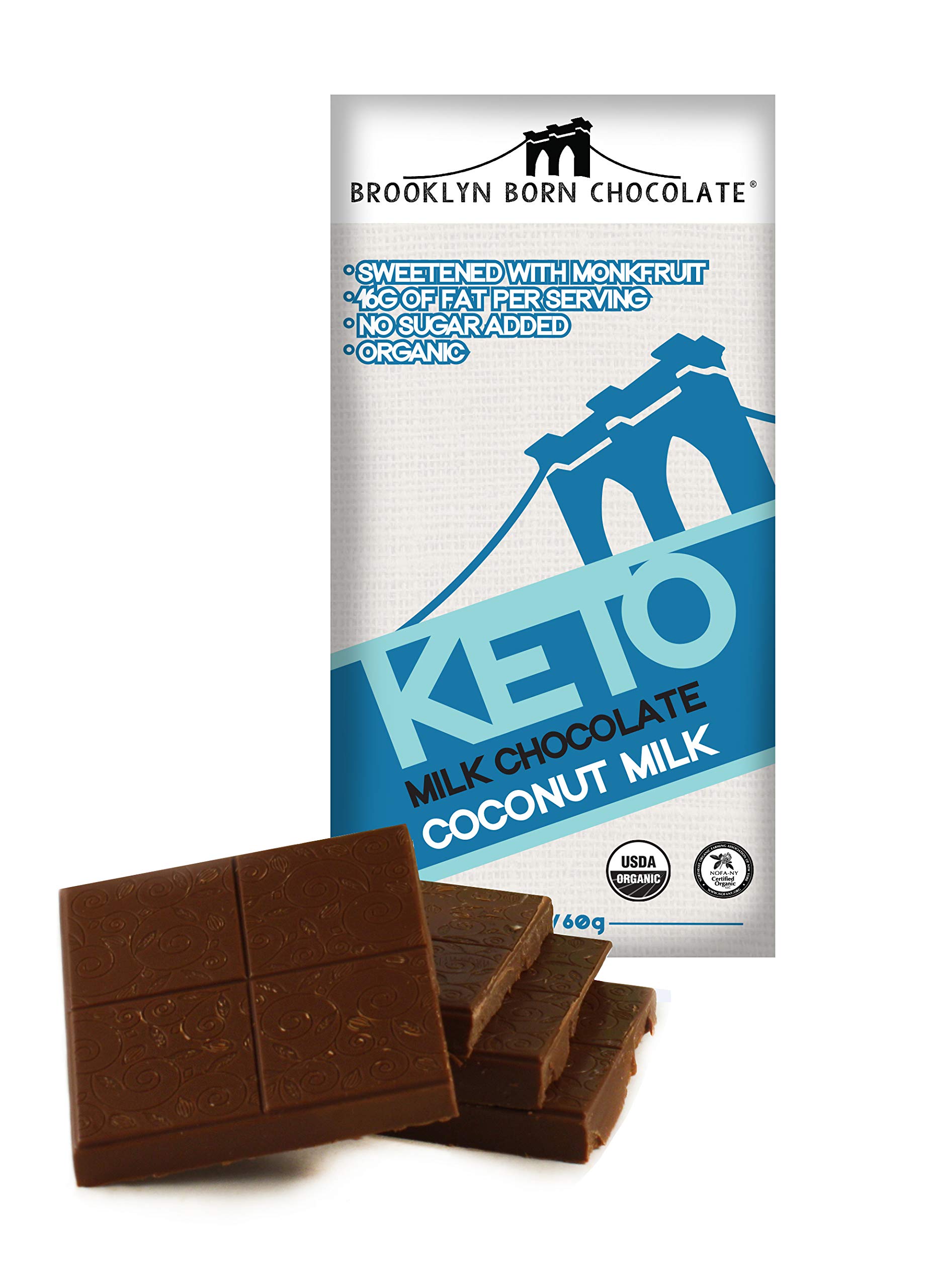 Brooklyn Born KETO Chocolate Bars | 4 Pack Coconut Milk Chocolate | No Sugar Added, Organic, Sweetened with Monkfruit, 1G Net Carbs, 16G of Fat Per Serving | 2.1 Oz Each