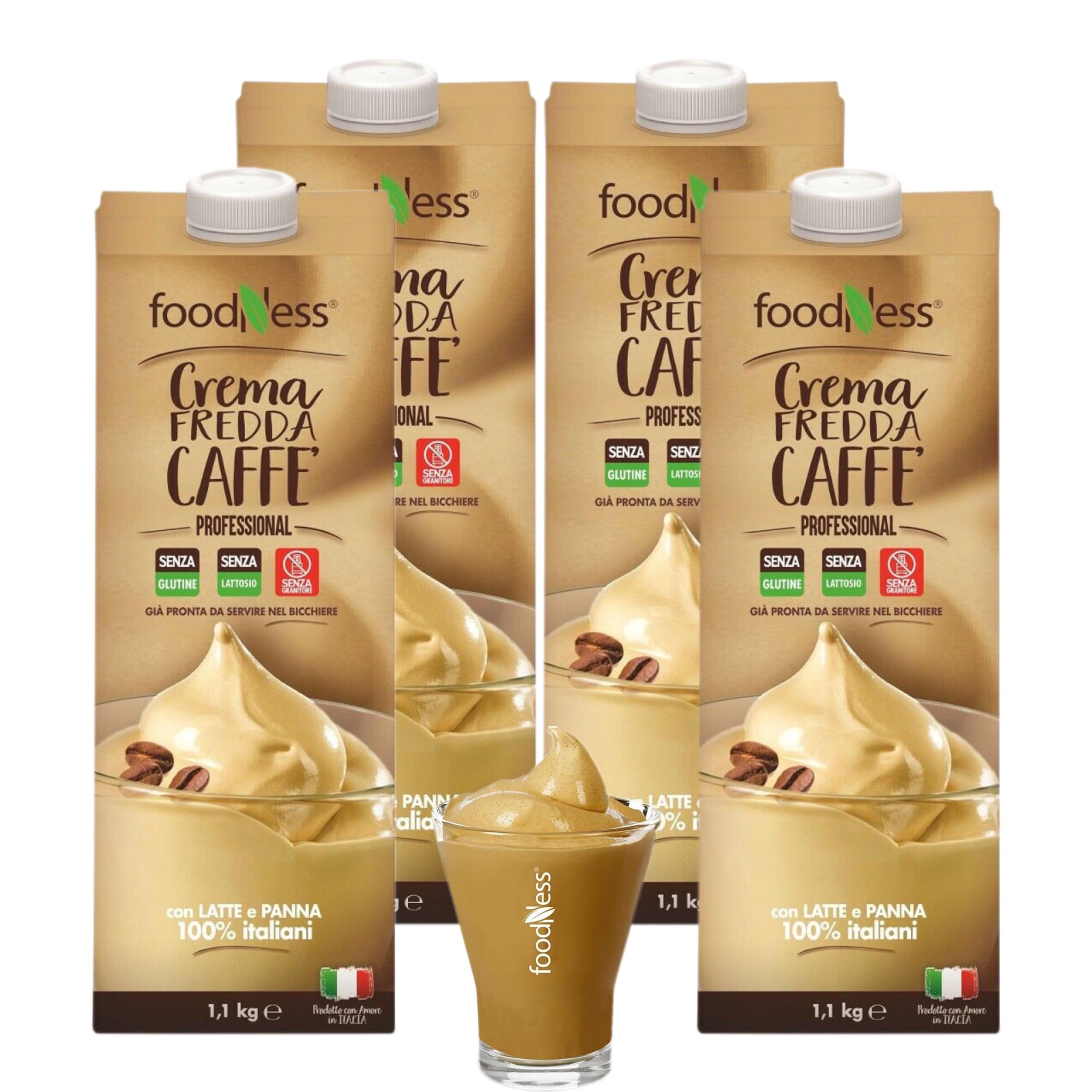4 x Foodness Crema Caffè Senza Glutine e Senza Lattosio già pronta da versare 4 Brik da 1,1 Kg