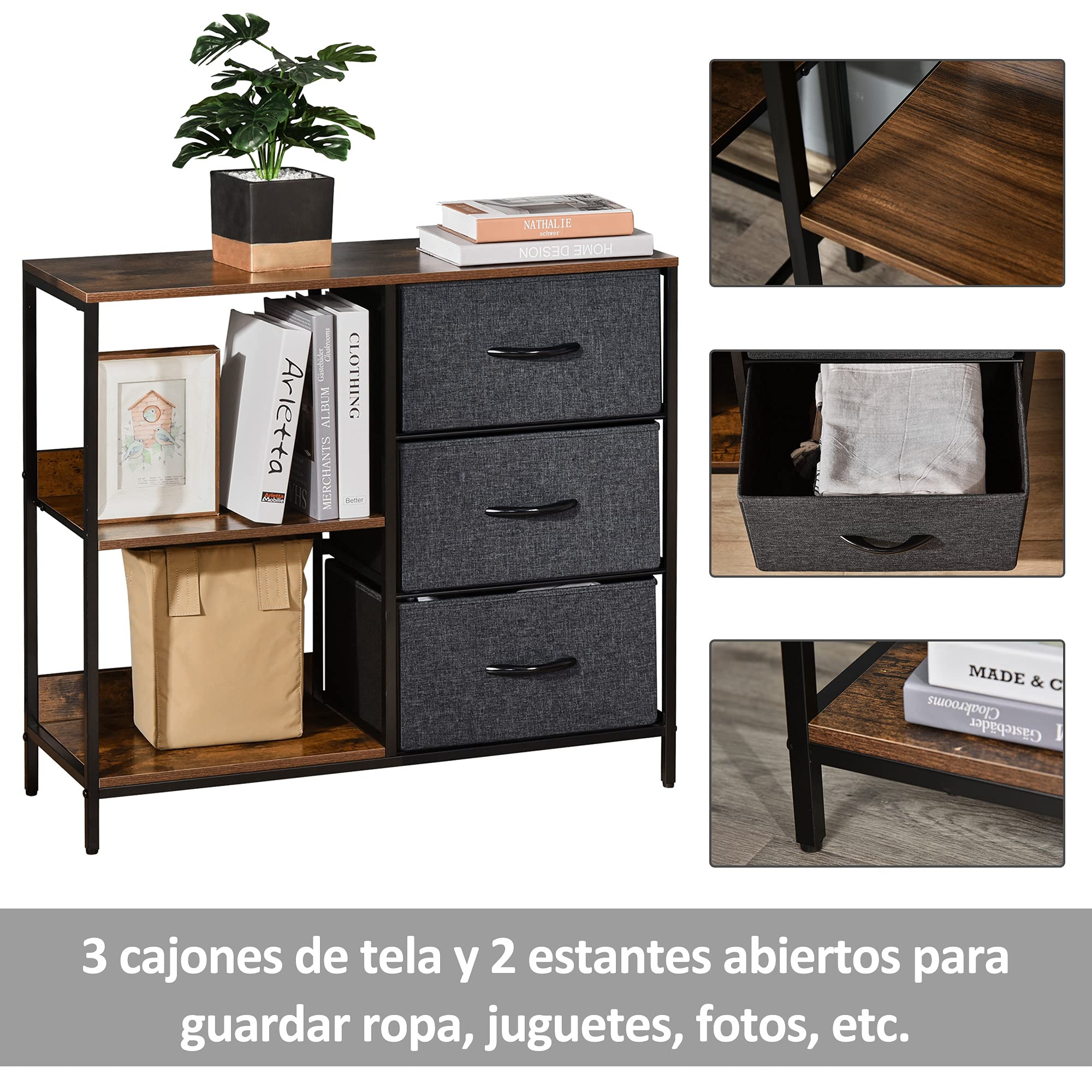 HOMCOM Cajonera de Tela Estrecha, Cómoda de Tela con 3 Cajones Plegables, 2 Estantes Abiertos y Amplia Encimera, Cómoda para Dormitorio, Salón y Pasillo, Marrón Rústico y Gris Oscuro