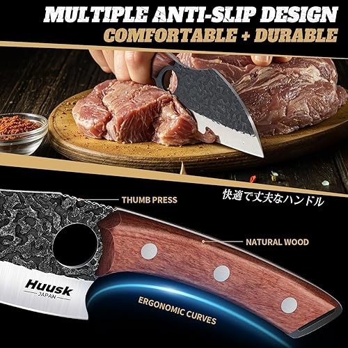 Miniatura 4 de Huusk Juego de 3 cuchillos de carnicero japoneses para cortar carne, juegos de cuchillos vikingos forjados a mano con cuchillo de carne, juegos de