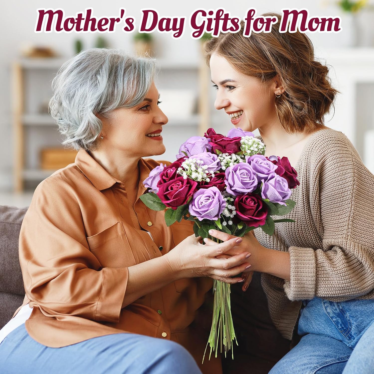 Riceshoot 60 Pcs Mother's Day Artificial Rose Flowers Bulk Fake Silk Rose Bouquet with Stem Gypsophila Flowers for Spring Wedding Bridal Party Vase(Purple,20" X 3")