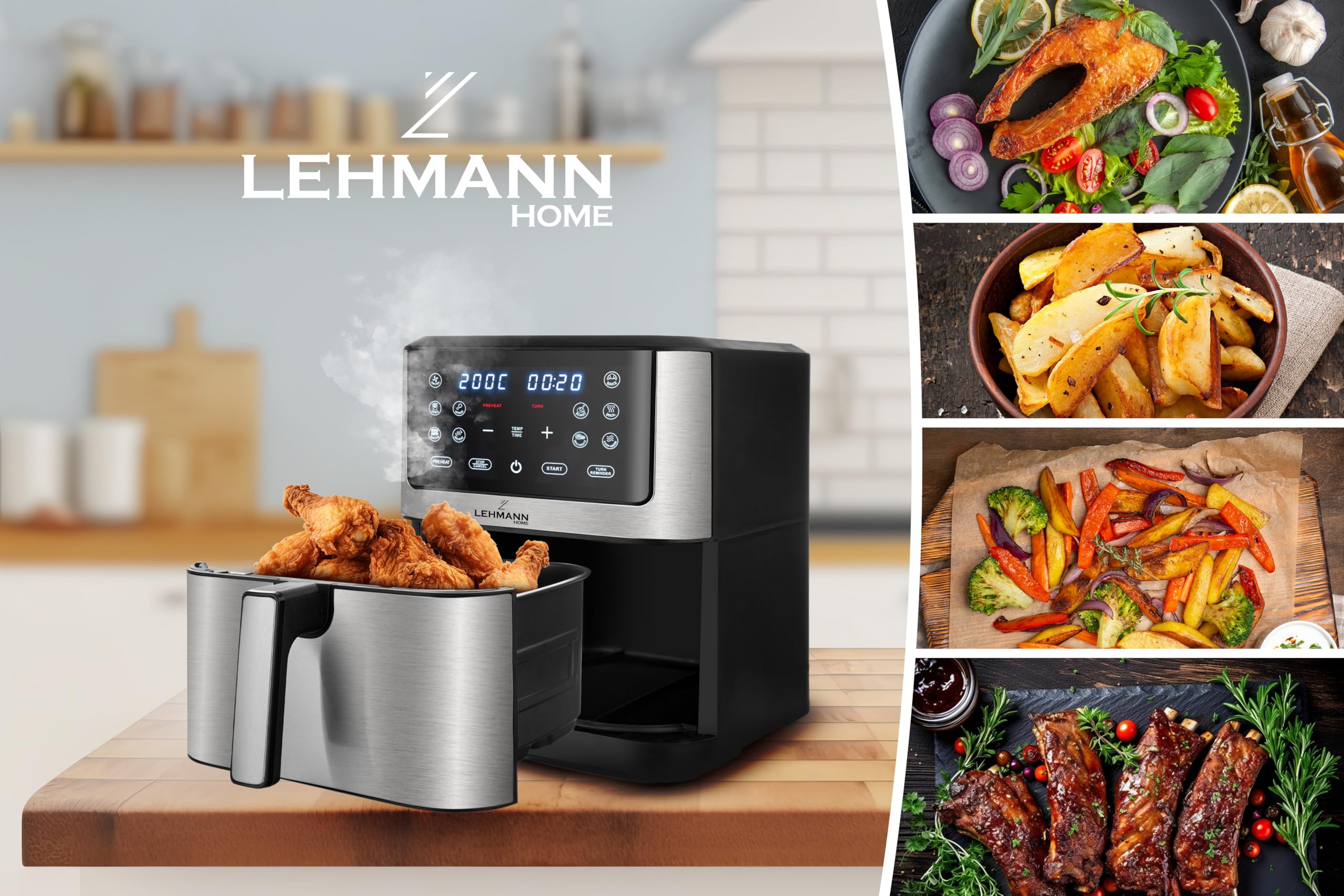 LEHMANN Hot Air Fryer 10 Litres with Large Viewing Window, Air Fryer XXL with WiFi Control, 12 Programs and Temperature Control 80-200°C, Non-Stick Coating, Dishwasher Safe, Family Size