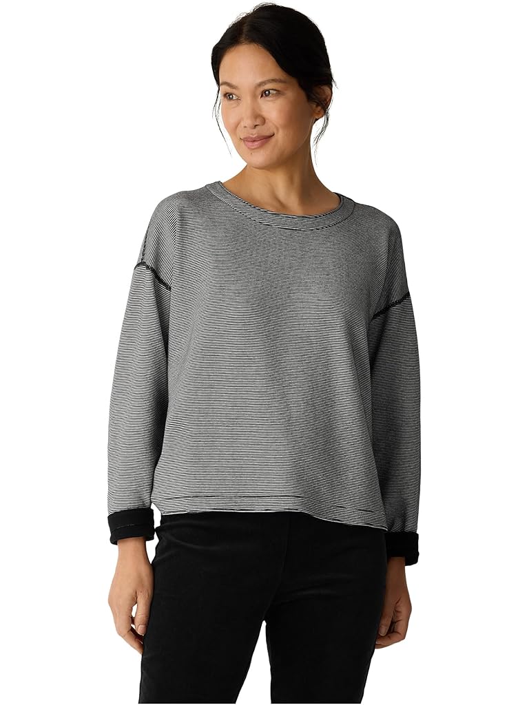Black Eileen Fisher Doubleknit Organic Cotton Stripe Round Neck Reversible Top