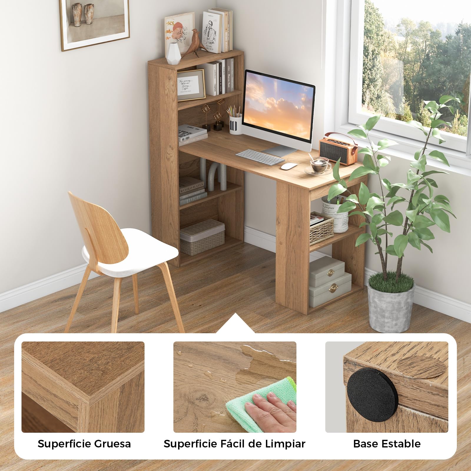 COSTWAY Escritorio con Estanteria, Mesa Escritorio 120 cm, 6 Estantes de Almacenamiento, Mesa Ordenador Reversible Oficina/Dormitorio (Natural)
