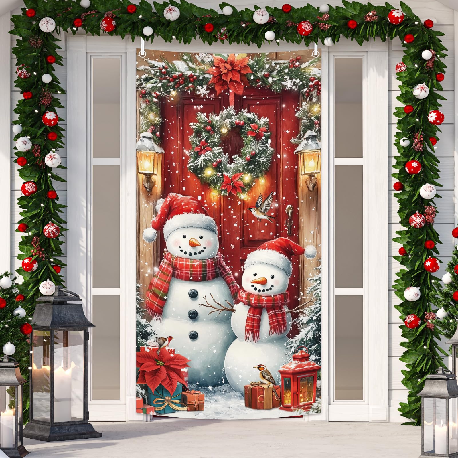 MEHOFOND 2.95x6ft Christmas Snowman Door Decorations Banner Snowman Christmas Decorations Winter Front Door Banner Porch christmas Decoration Outside Xmas Family Party Photo Background Props - Image 4
