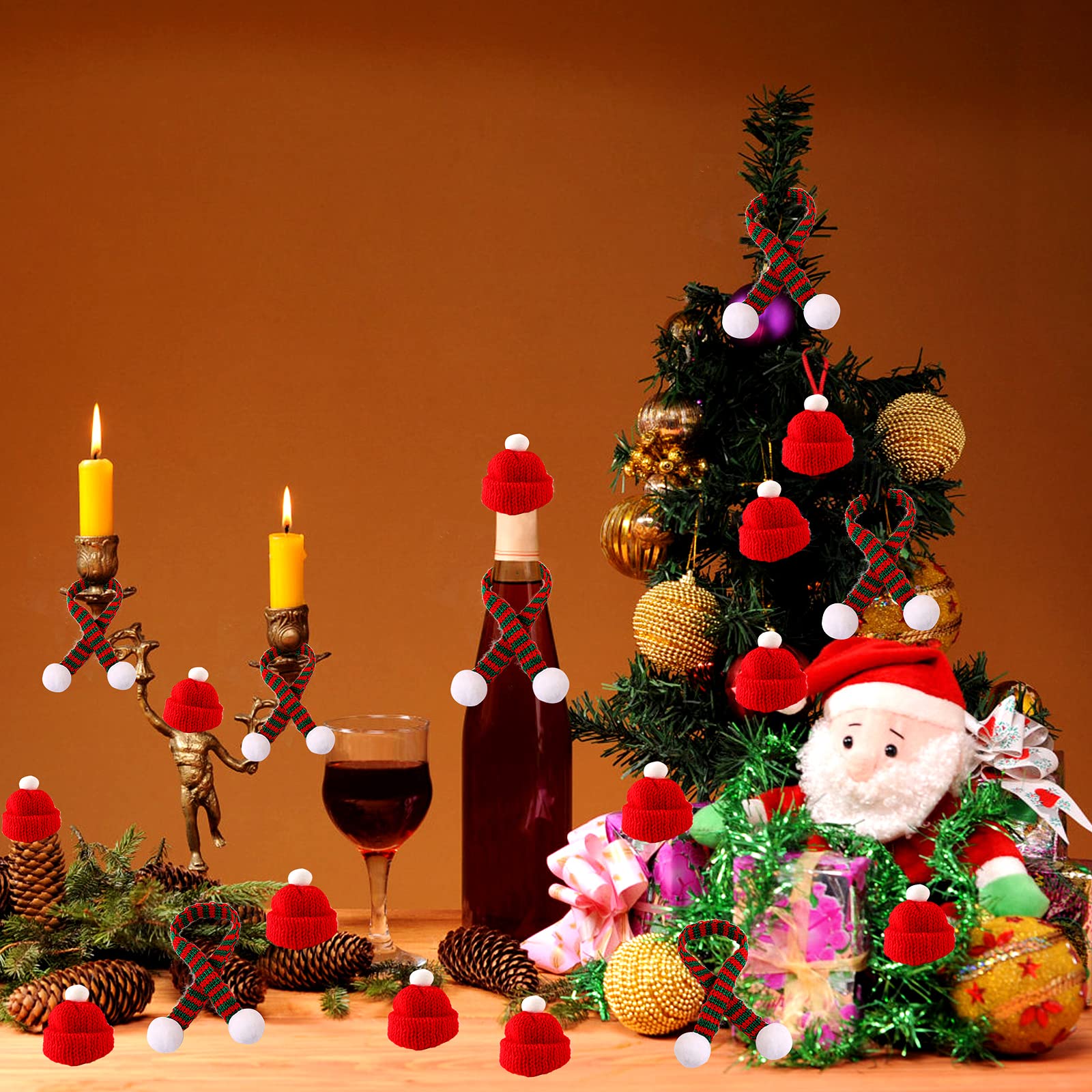 20 Stuks Mini Kerstmutsen En Mini Kerstsjaals - Schattige Gebreide Kerstdecoratie Voor Tafel, Wijnflessen En Lolly's