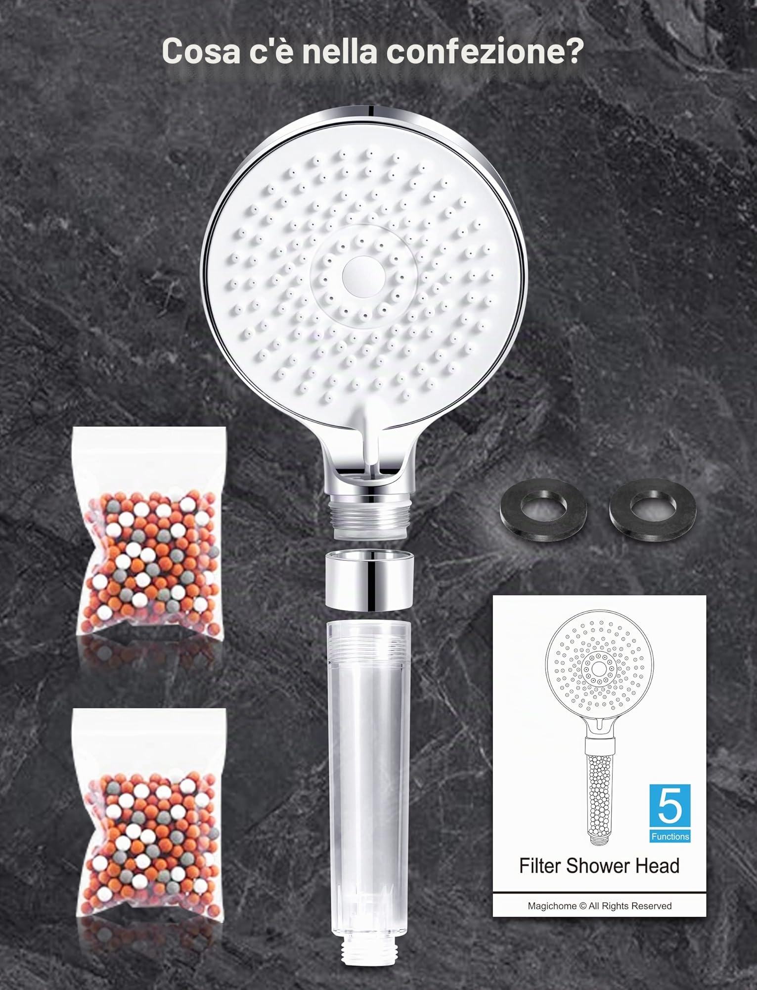 Magichome Soffione Doccia Anticalcare 5 Getti Spray Alta Pressione Filtrazione a 3 Strati Bianco