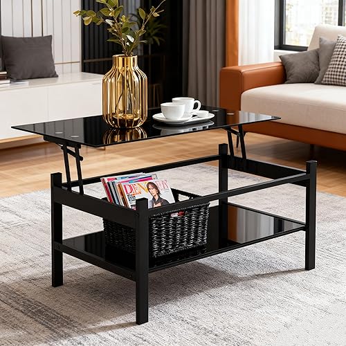 Miniatura 8 de Meihua Lift Top Glass Coffee Table with Storage Compartment and Separated Open Shelves, Lift Tabletop for Living Room Home, Office, Black