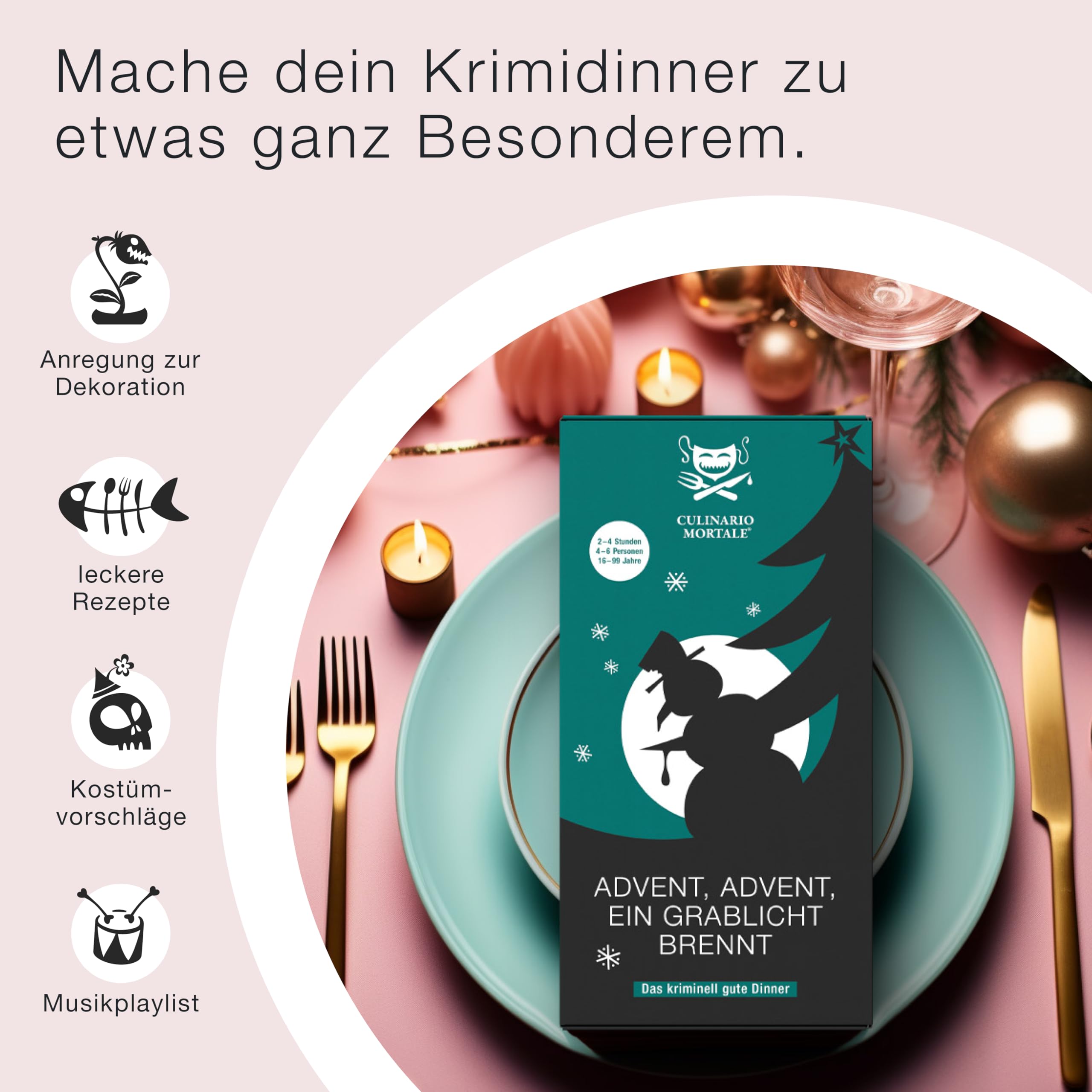 CULINARIO MORTALE® – Krimidinner für Zuhause 4 bis 6 Personen - Advent, Advent, EIN Grablicht brennt/Krimidinner Weihnachten/Krimi Dinner für Zuhause/Krimispiele für Erwachsene