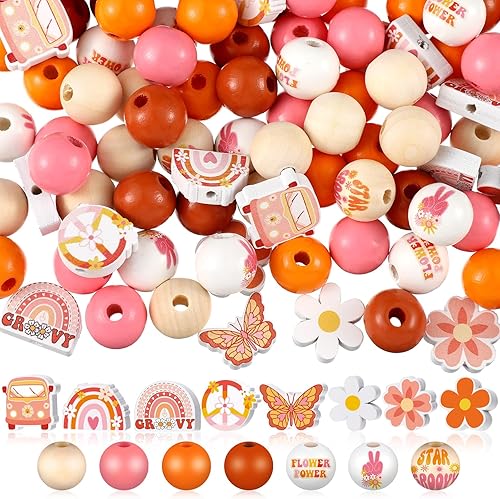 200 cuentas de madera Groovy Boho Groovy Retro Hippie, cuentas bohemias de arco iris, mariposa, cuentas de madera para hacer joyas, manualidades,