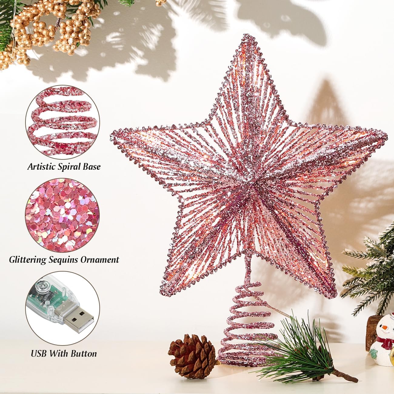 Árbol de Navidad Topper Estrella iluminada árbol T Estrella de árbol con Luces y Lentejuelas, Adorno for árbol de Navidad Iluminado for decoración navideña de árbol de Navidad en casa(Roze)