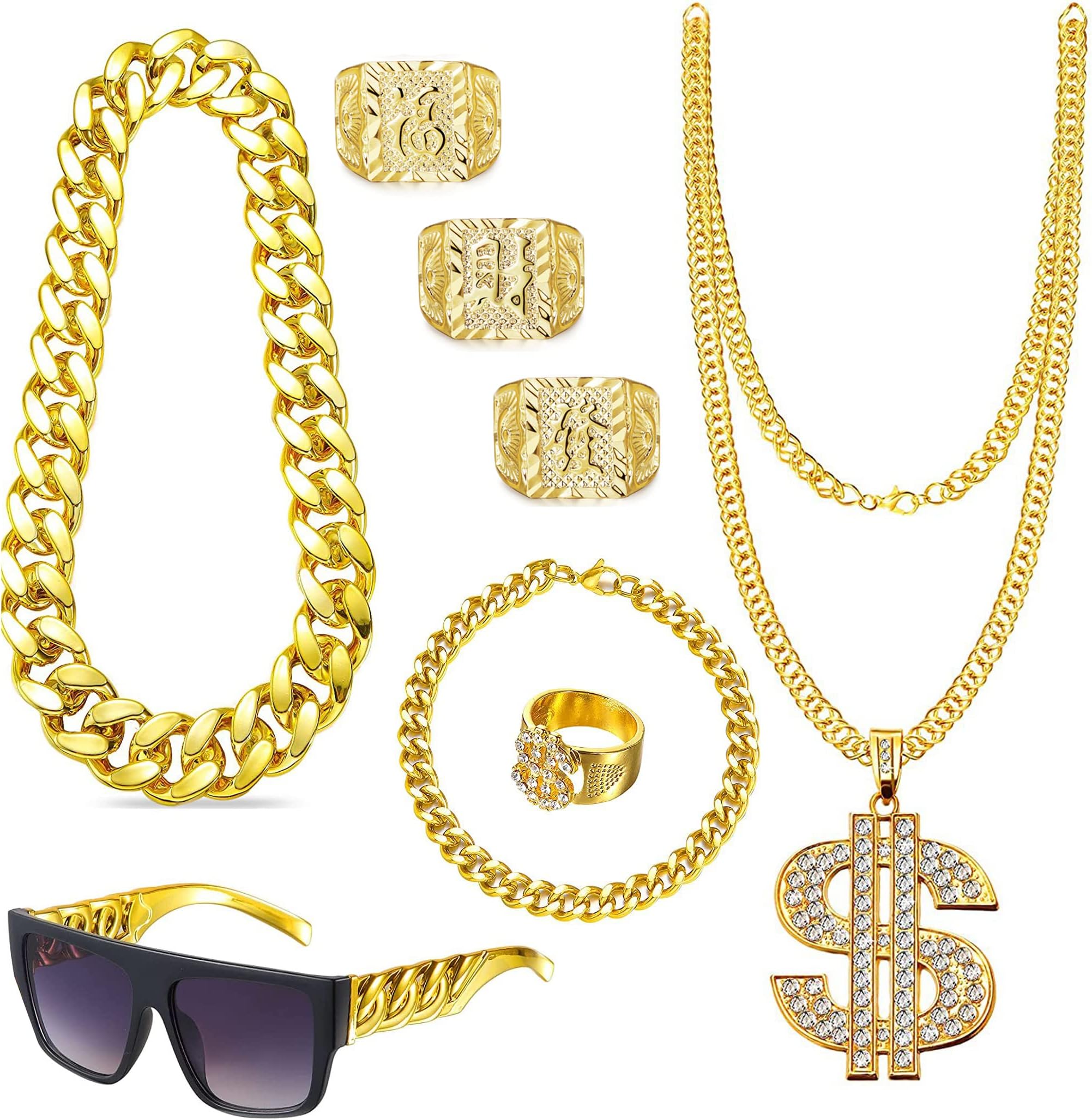 80s 90s Accessories Outfit for Men Hip Hop Costume Kit Old School Rapper Sunglasses Faux Gold Rope Chain Bracelet Dollar Sign Chain Ring Kanji Ring Halloween Party Decorations