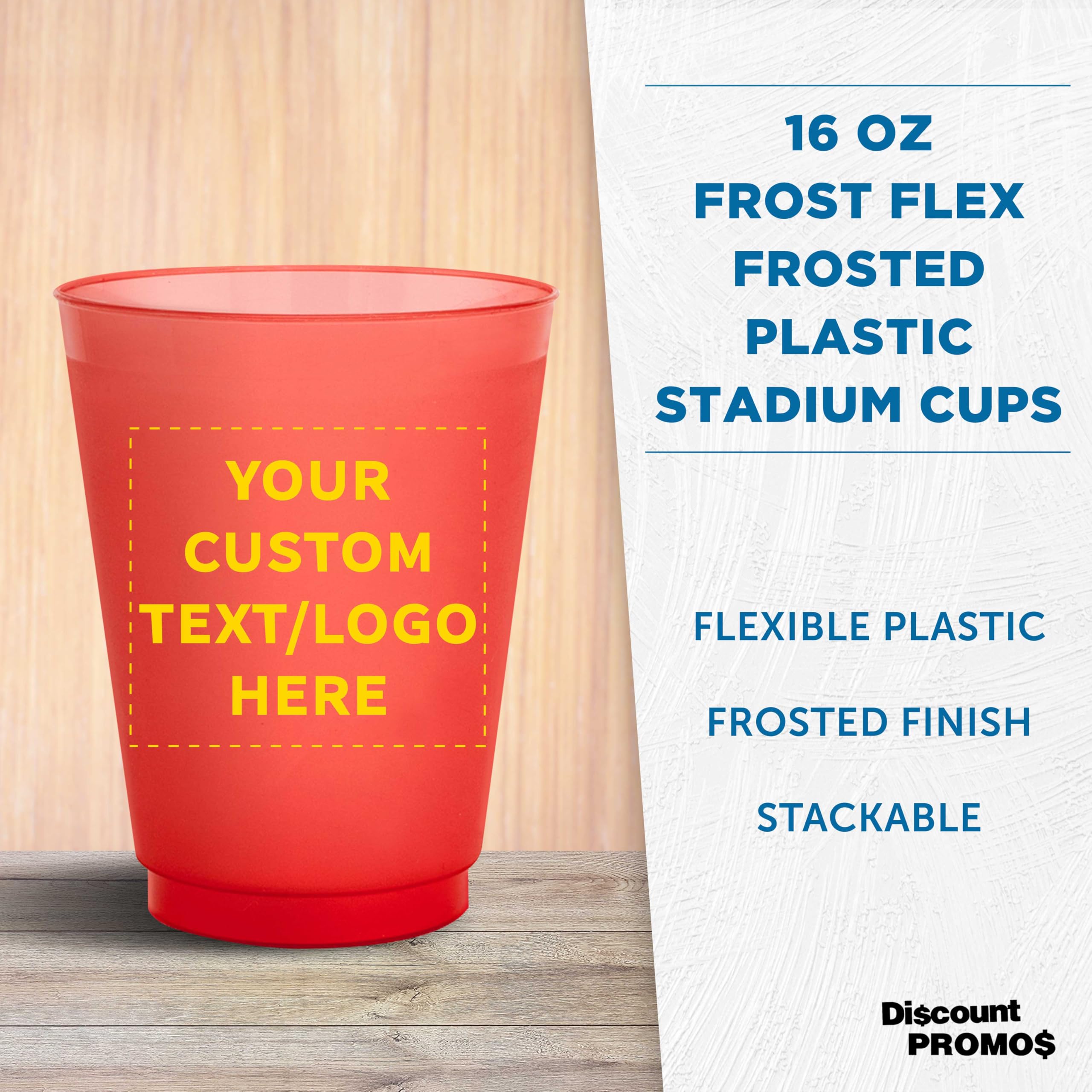 Amazon.com: DISCOUNT PROMOS Custom Frosted Plastic Stadium Cups, 10/50/100  pack, Promotional Text, Logo, 16 oz. Shatterproof Flexible Reusable Party  Cups, Red : Home & Kitchen
