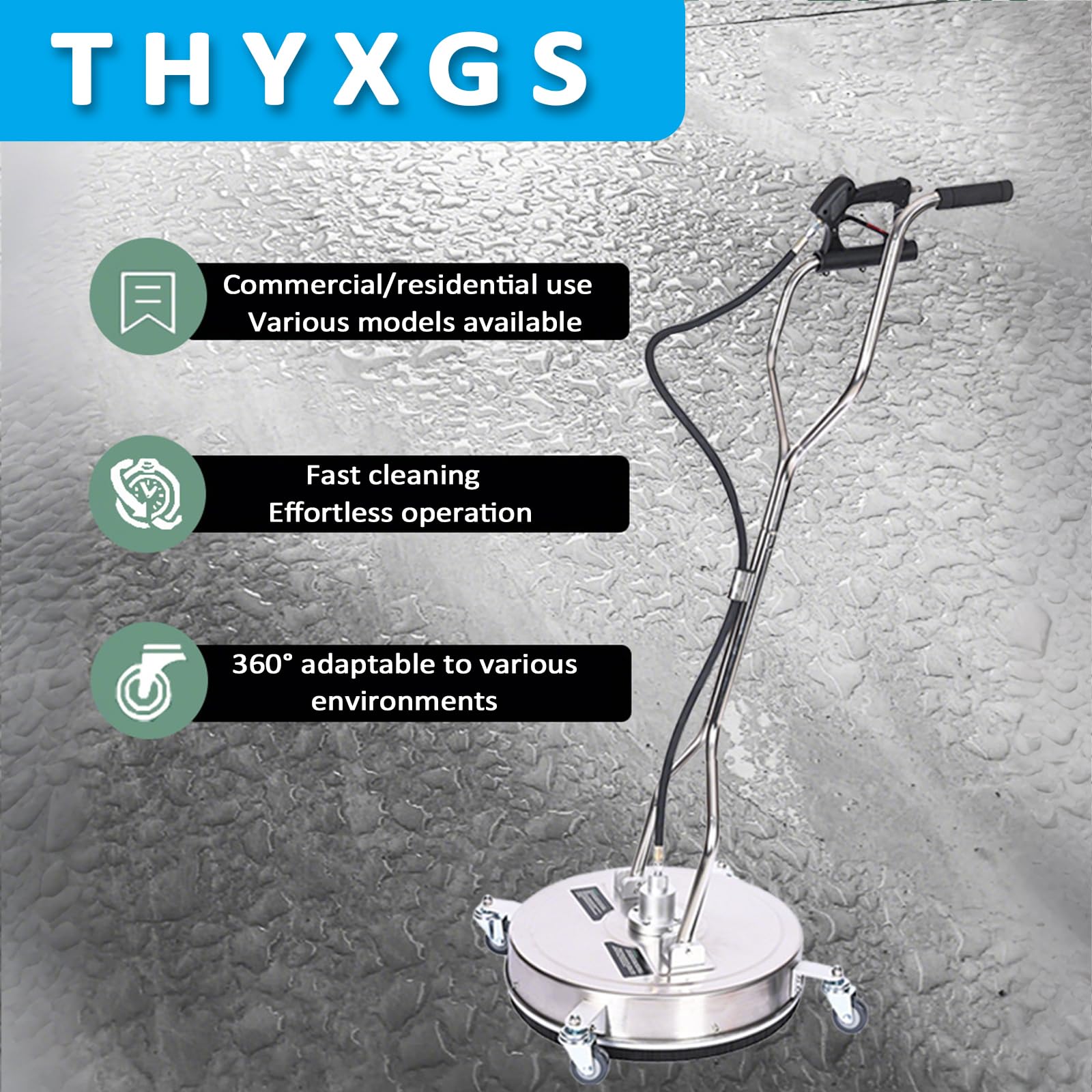 Limpiador de superficies de lavado a presión de 24 pulgadas, escoba de agua de acero inoxidable con asas y ruedas, 4000 PSI, conector de 3/8 pulgadas y 2 boquillas, para entrada, acera, patio