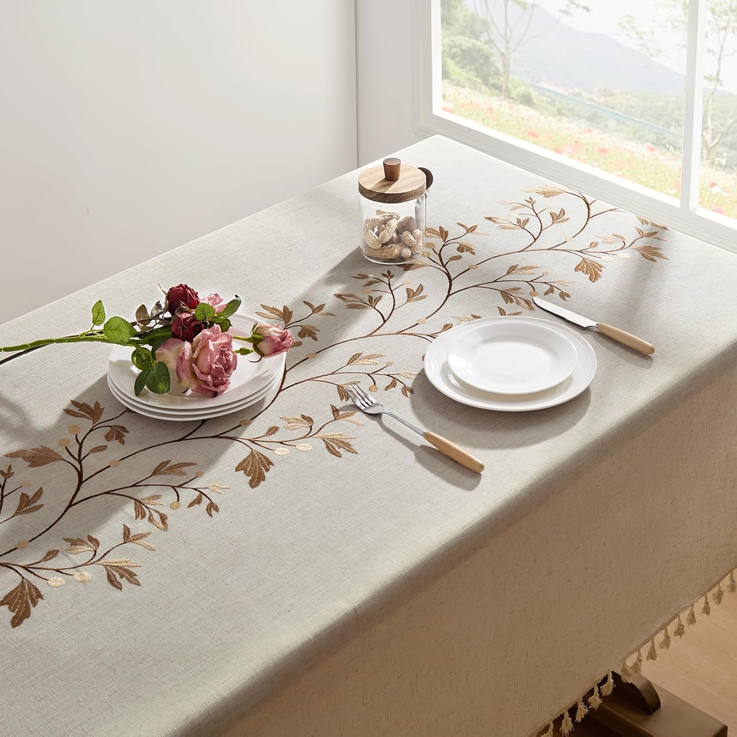 Softalker Boho Tablecloth Rectangle, Linen Cotton Tablecloth With Tassels, Heavy Duty Table Cloth With Flower And Leaves, Floral Farmhouse Table Cover Cloth Decorative for Kitchen Dining (55x102 Inch)
