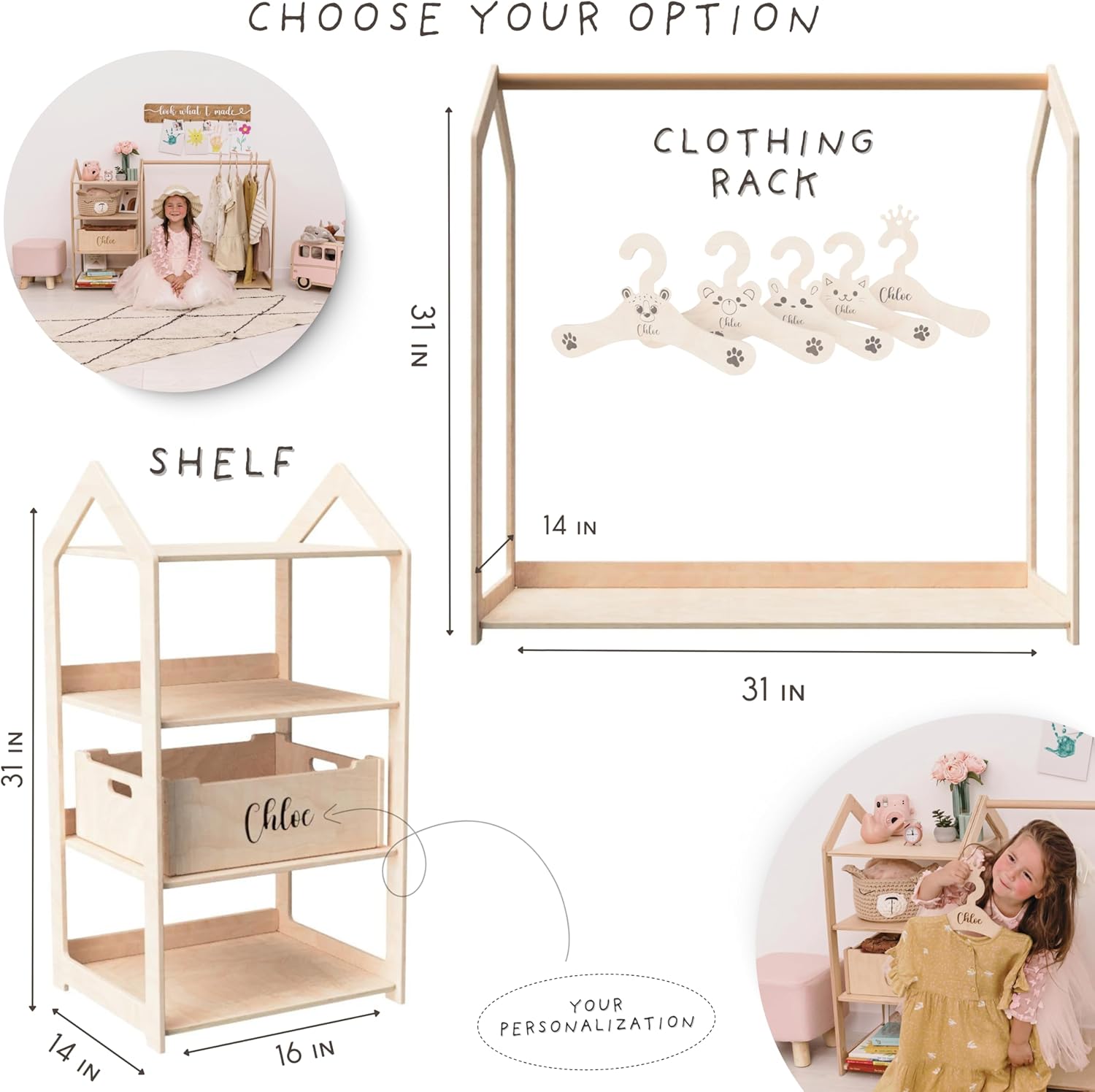 Personalized Montessori Clothes Rack for Kids – Small Dress Up Wardrobe, Hanging Clothes Organizer, Nursery Clothing Storage, Playroom Furniture with Custom Name and Hangers, Shelf Wardrobe Closet