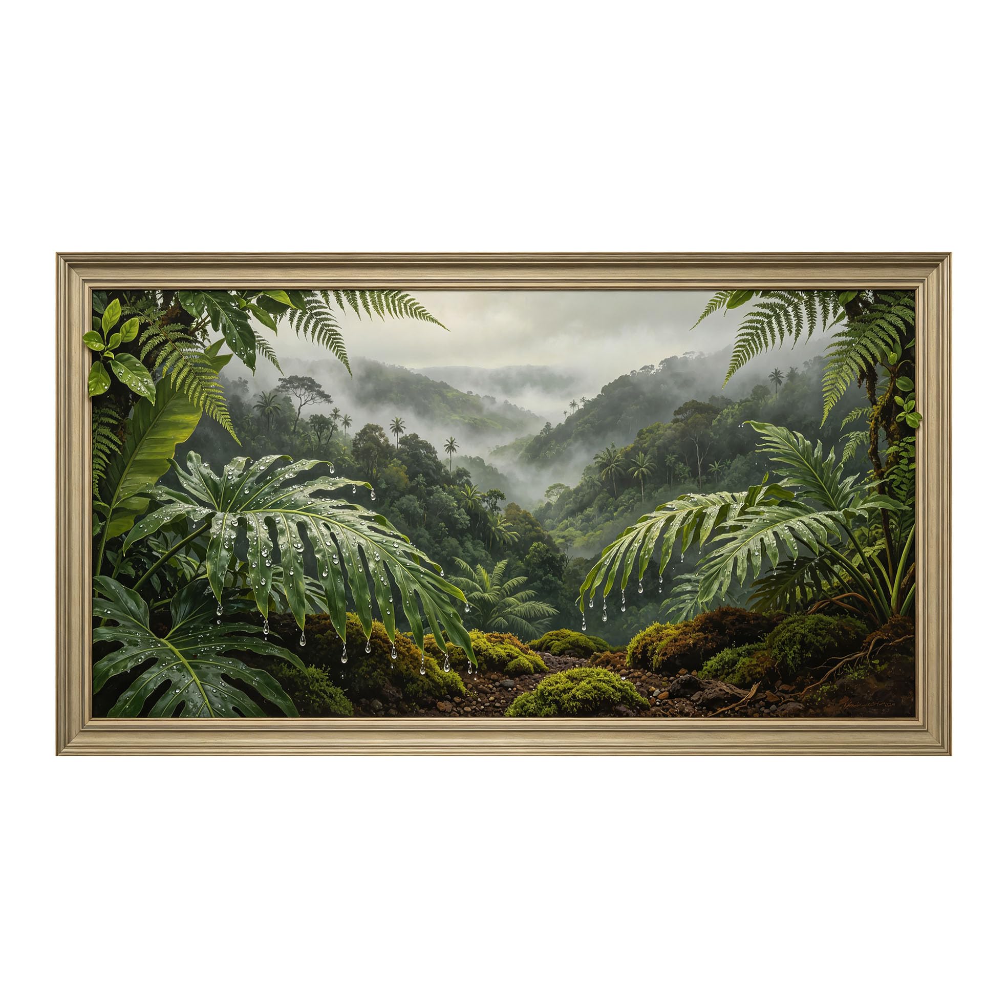 Yzpallescene 3D Framed Wall Art 50cm×100cm Misty Jungle Botanical Tropical Waterfall Realistic Panoramic Large Size SelfAdhesive Removable Wall Decor Prints Artwork for Living Room Bedroom Office