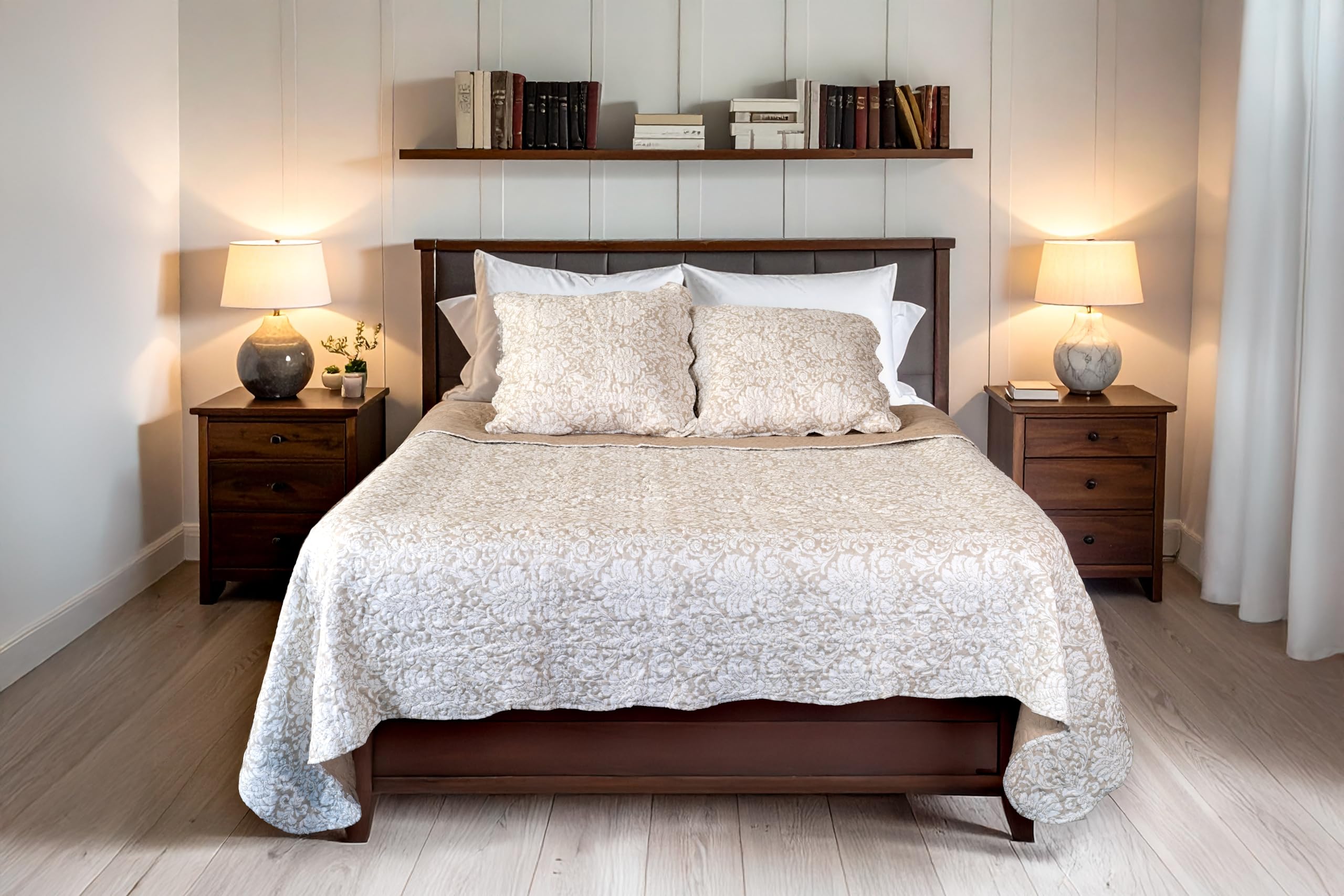 Délicat Lin Boutis 230x250 cm avec 2 Taies d'oreiller 65x65cm, Couvre-lit Matelassé 2 Personnes, Dessus de lit Fleurs