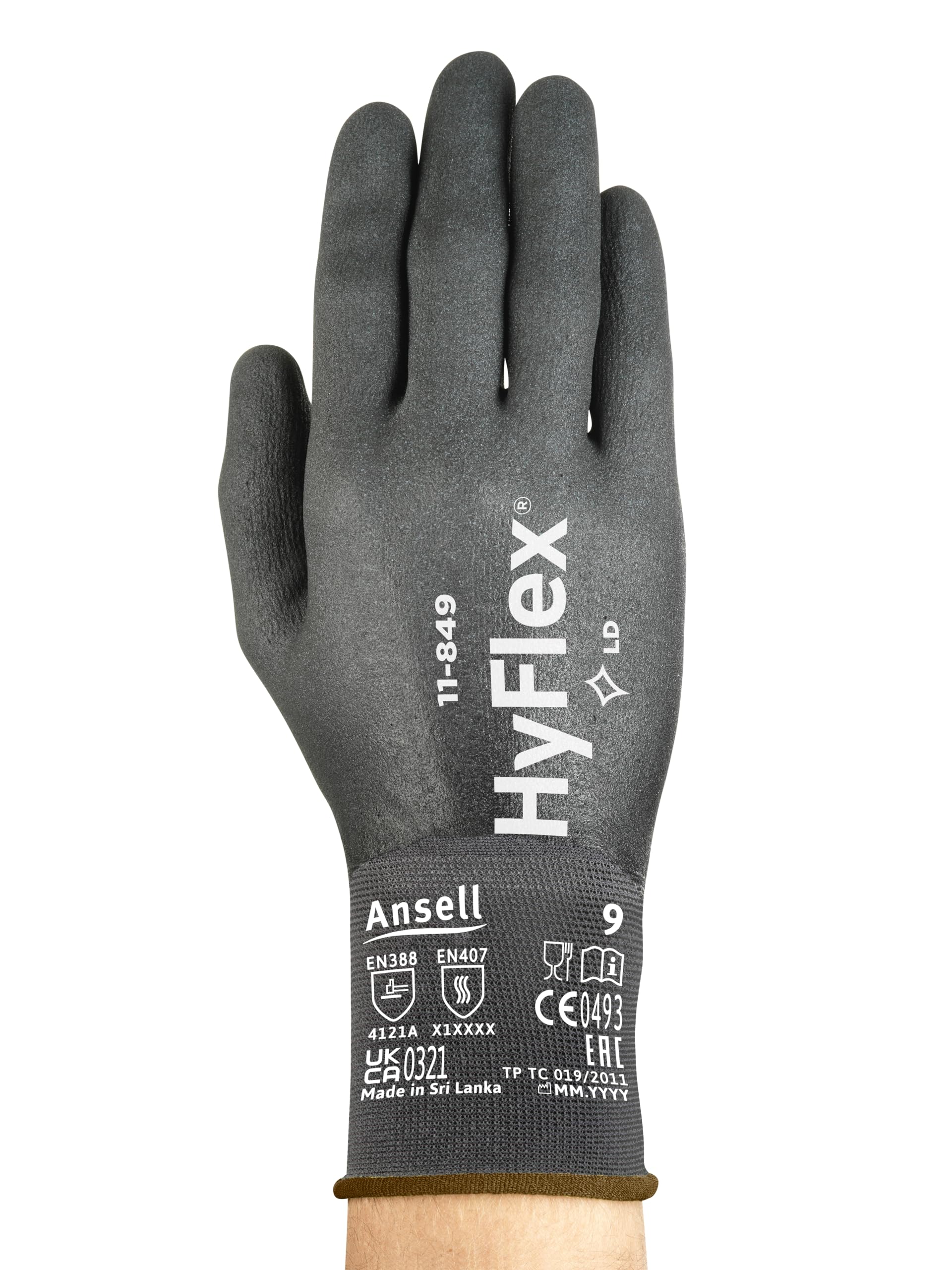 Ansell Hyflex 11-849 Odporne na ścieranie zawodowe rękawiczki robocze, ochrona wielokrotnego użytku, mechanika, obsługa, montaż, mycie rękawicy bezpieczeństwa, czarne, rozmiar XL (12 par)