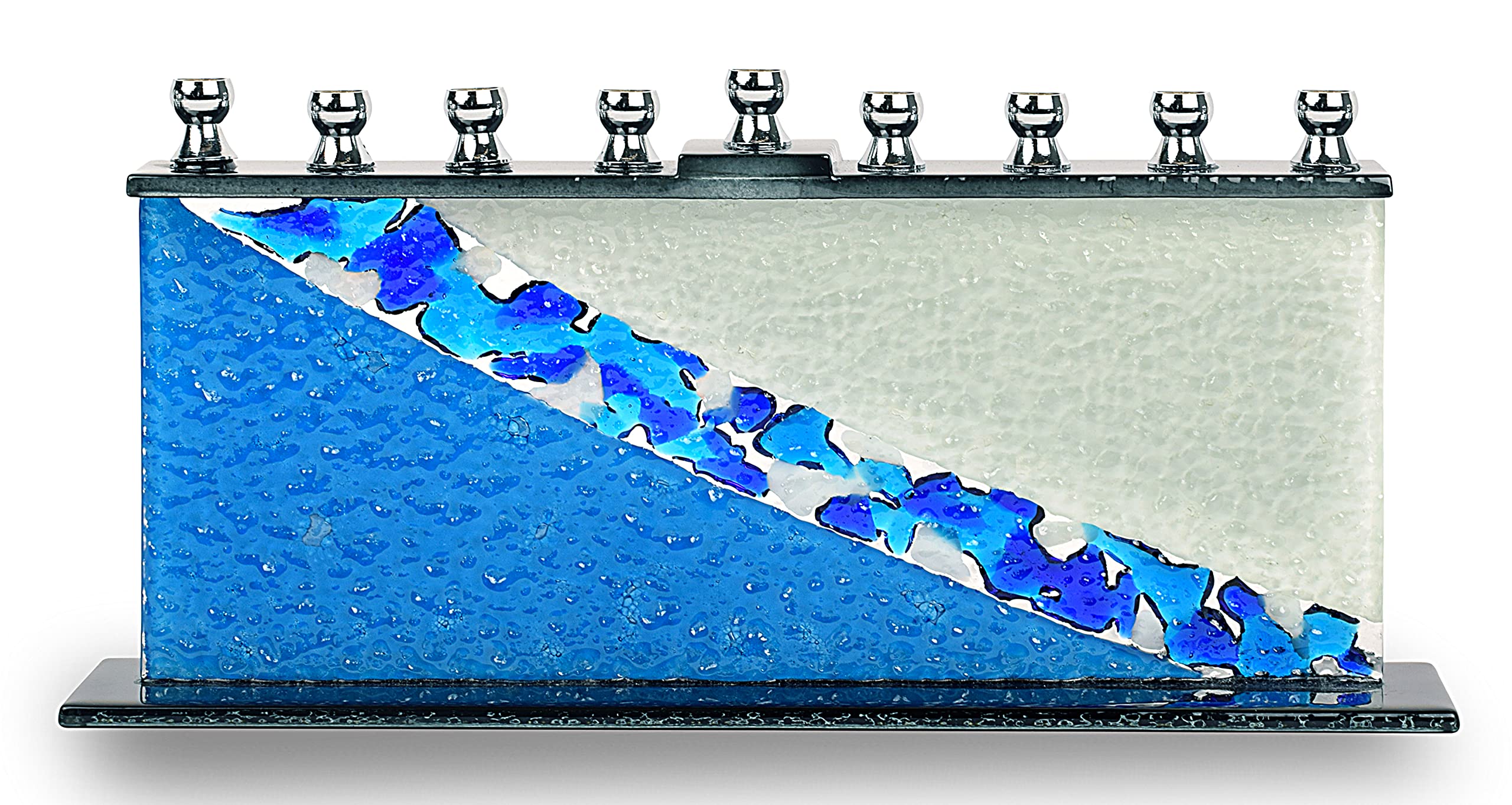 Hanukkah Menorah en Verre - Bleu et Blanc Menorah Hanouka - des Pierres - Convient à Toutes Les Bougies Hanouka Standard - Menorah en Verre Peint Fabriqué à La Main