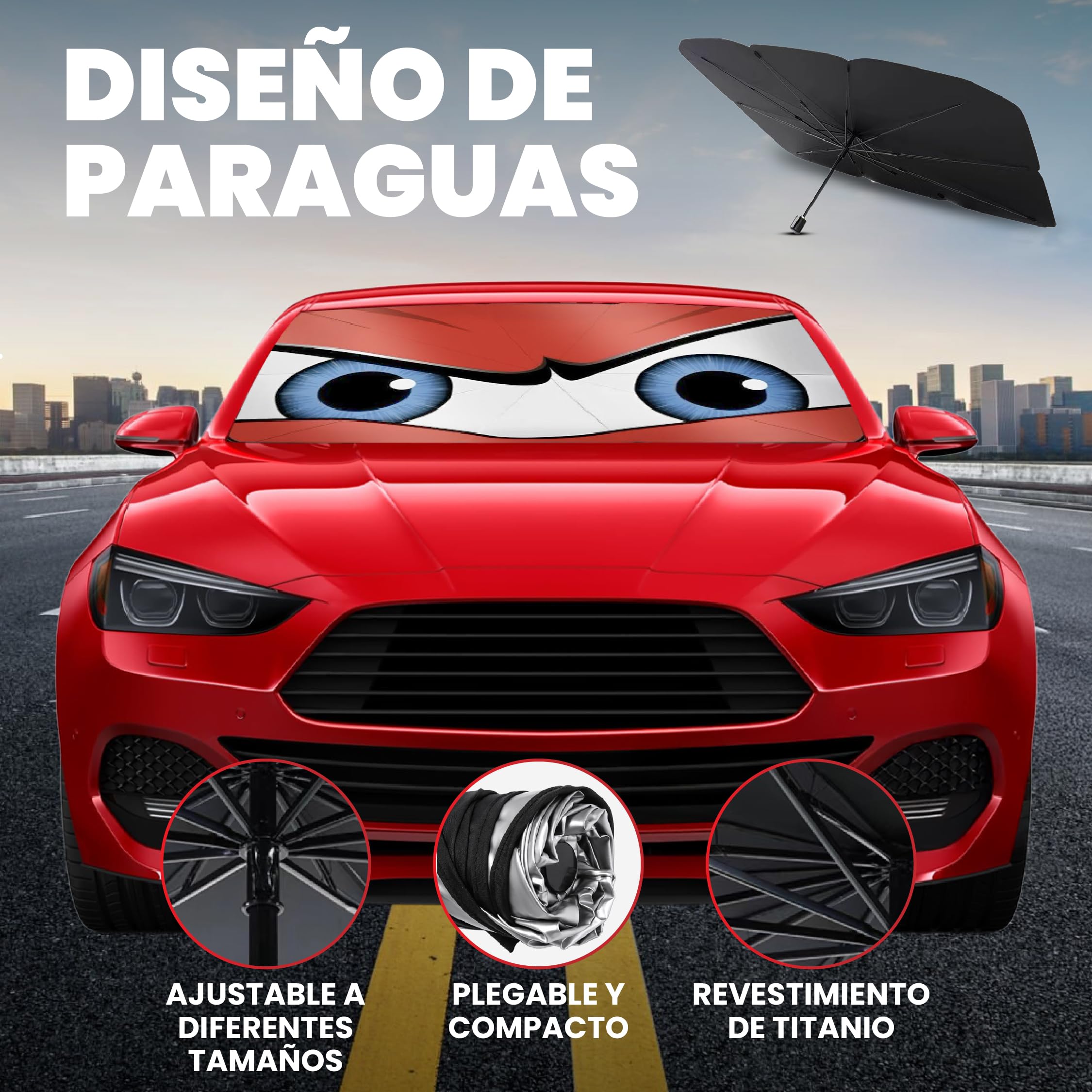 Parasol Coche Delantero 140 cm x 80 cm, Protector Solar de SUV y Camión, Parasol Paraguas Coche de Poliéster, Plegable con Eje Giratorio 360º y Revestimiento de Titanio, Resiste a los Rayos UV