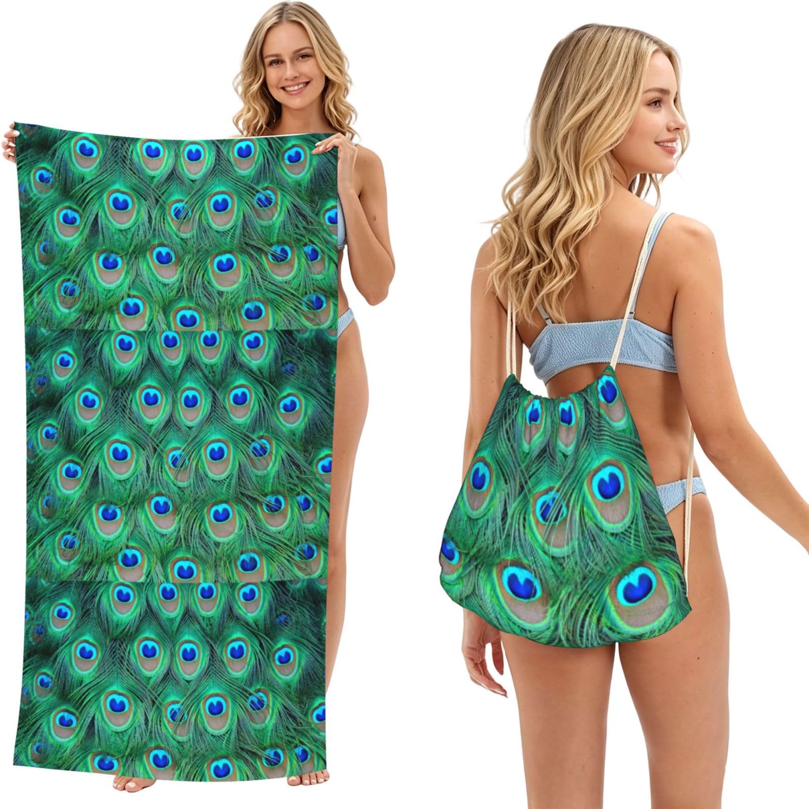 Poadnly As Picture Adorable Green Peacock, 2 In 1 Packable Towel Bag, Beach Towels With Drawstring Backpack For Travel Holiday Camping