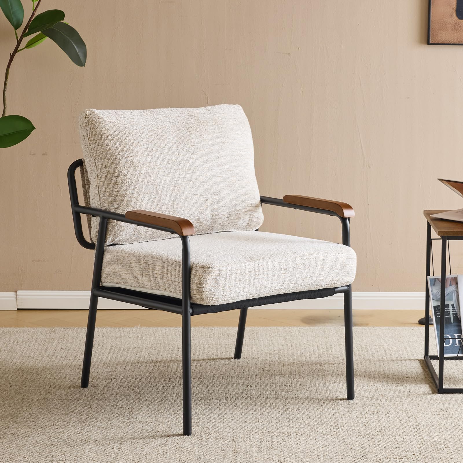 Bonnlo Accent chair, Mid-Century Metal Frame Armchair, Occasional Reading Chair with Coushions and Wooden Armrest, Armchairs for Living Room, Bedroom, Dining Room, Green (1, Beige)