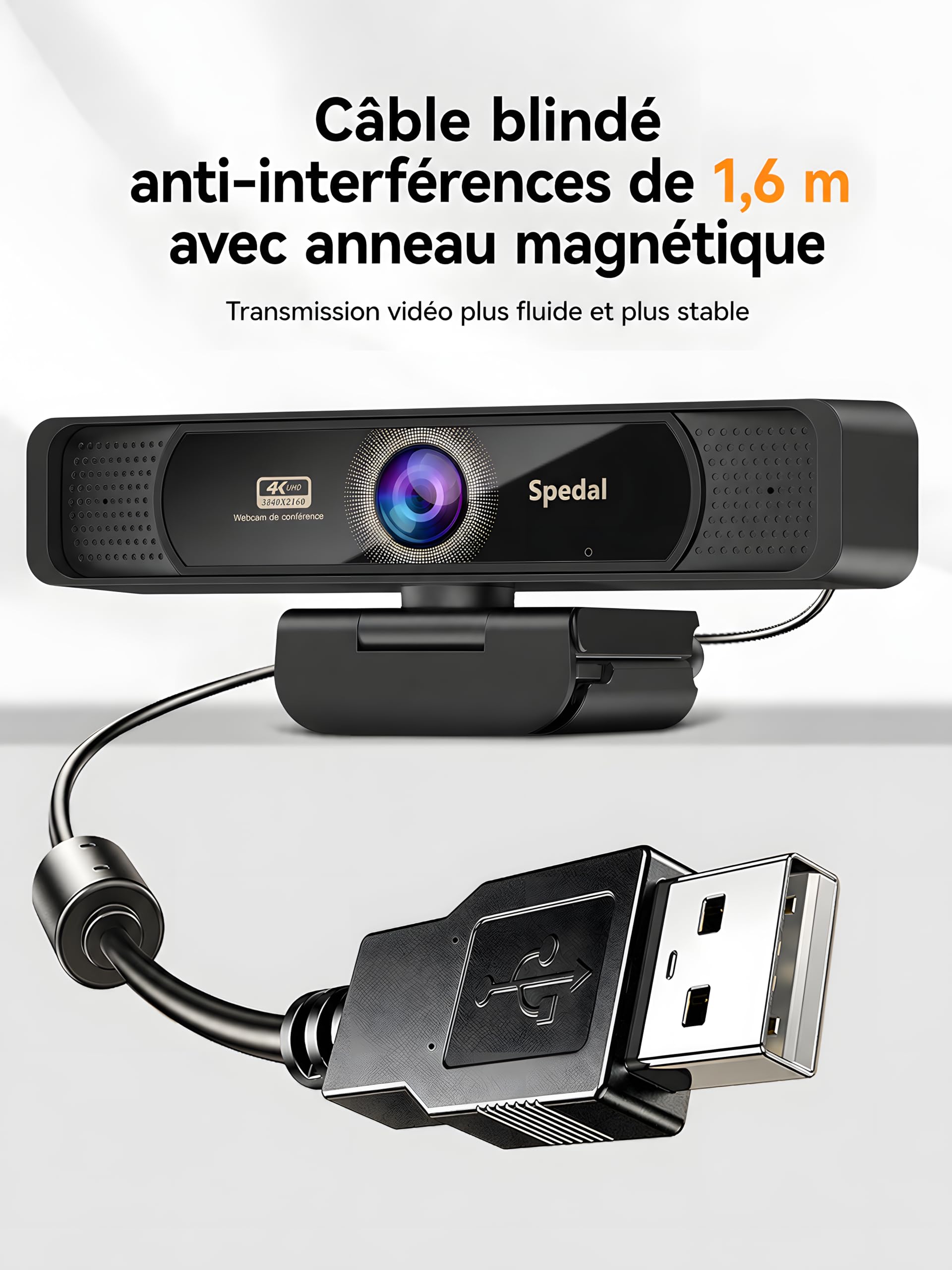 Spedal Webcam 4K Ultra HD 8 MP avec Zoom numérique 4× Grand Angle 120° Microphones à réduction de Bruit télécommande trépied Plug & Play USB-A/C pour Streaming